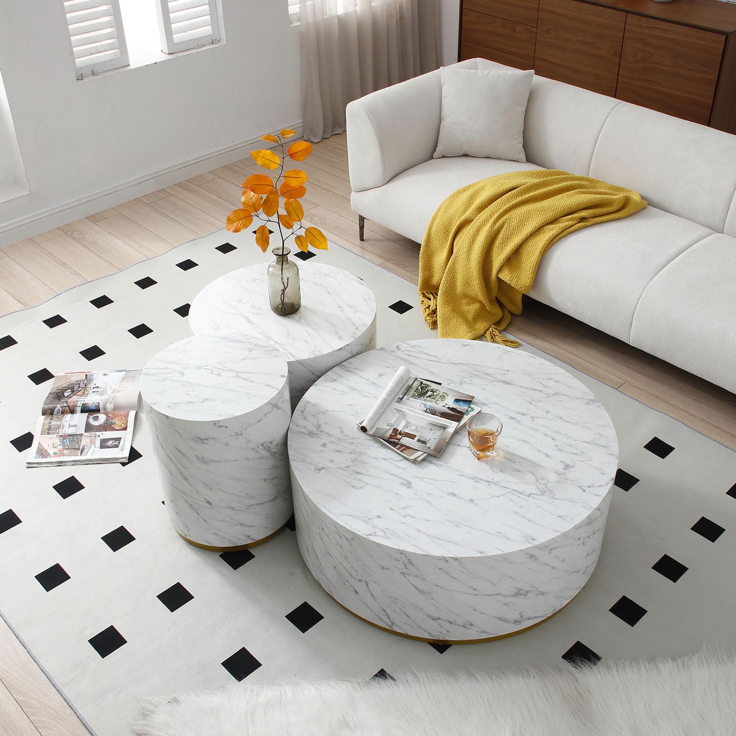 Round Small Wood Coffee Table with Gold Rim Bottom & Marble Texture(White Marble Ø23.62*15.75)