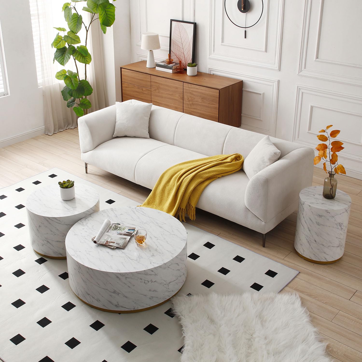 Round Small Wood Coffee Table with Gold Rim Bottom & Marble Texture(White Marble Ø23.62*15.75)