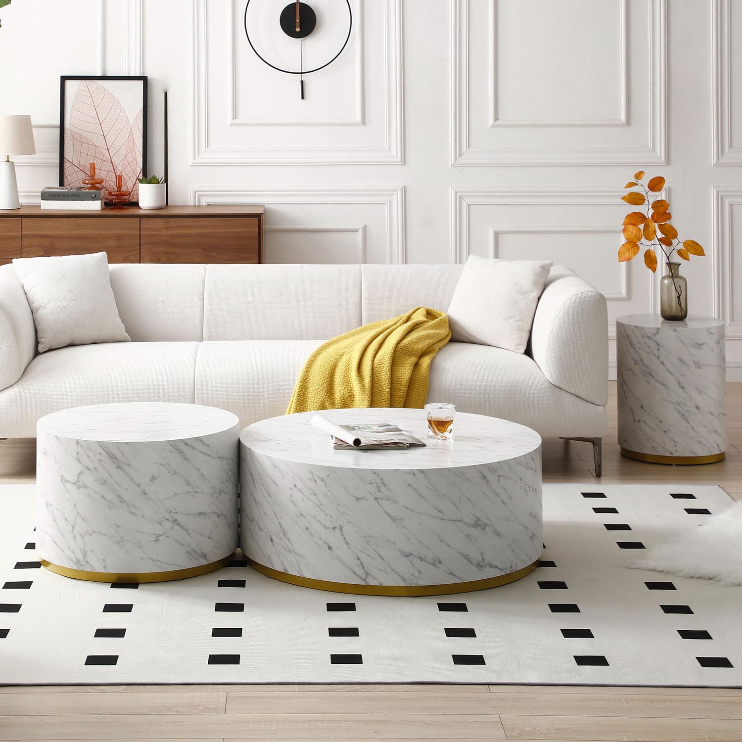 Round Small Wood Coffee Table with Gold Rim Bottom & Marble Texture(White Marble Ø23.62*15.75)