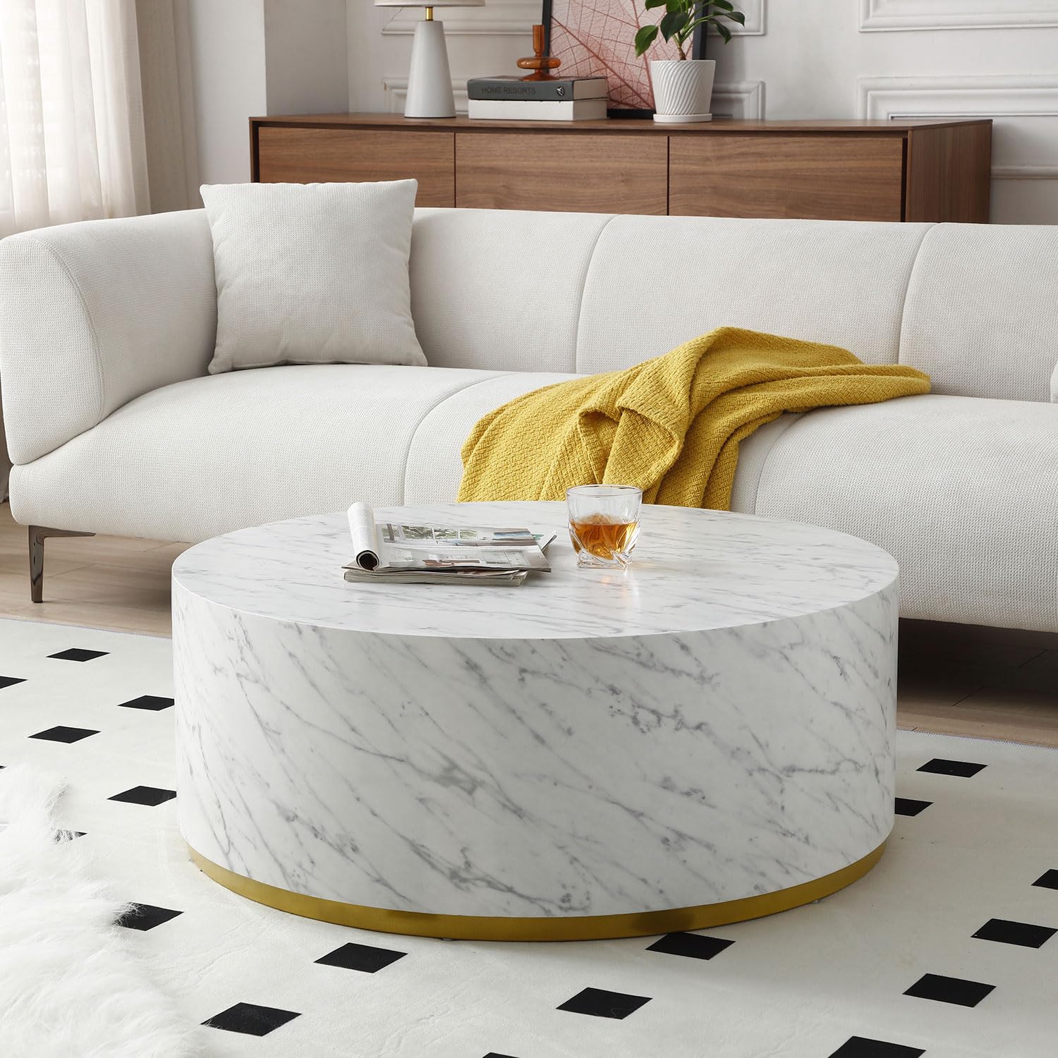 Round White Coffee Table with Gold Rim Bottom & Marble Texture(White Marble Ø35.43*13.78)