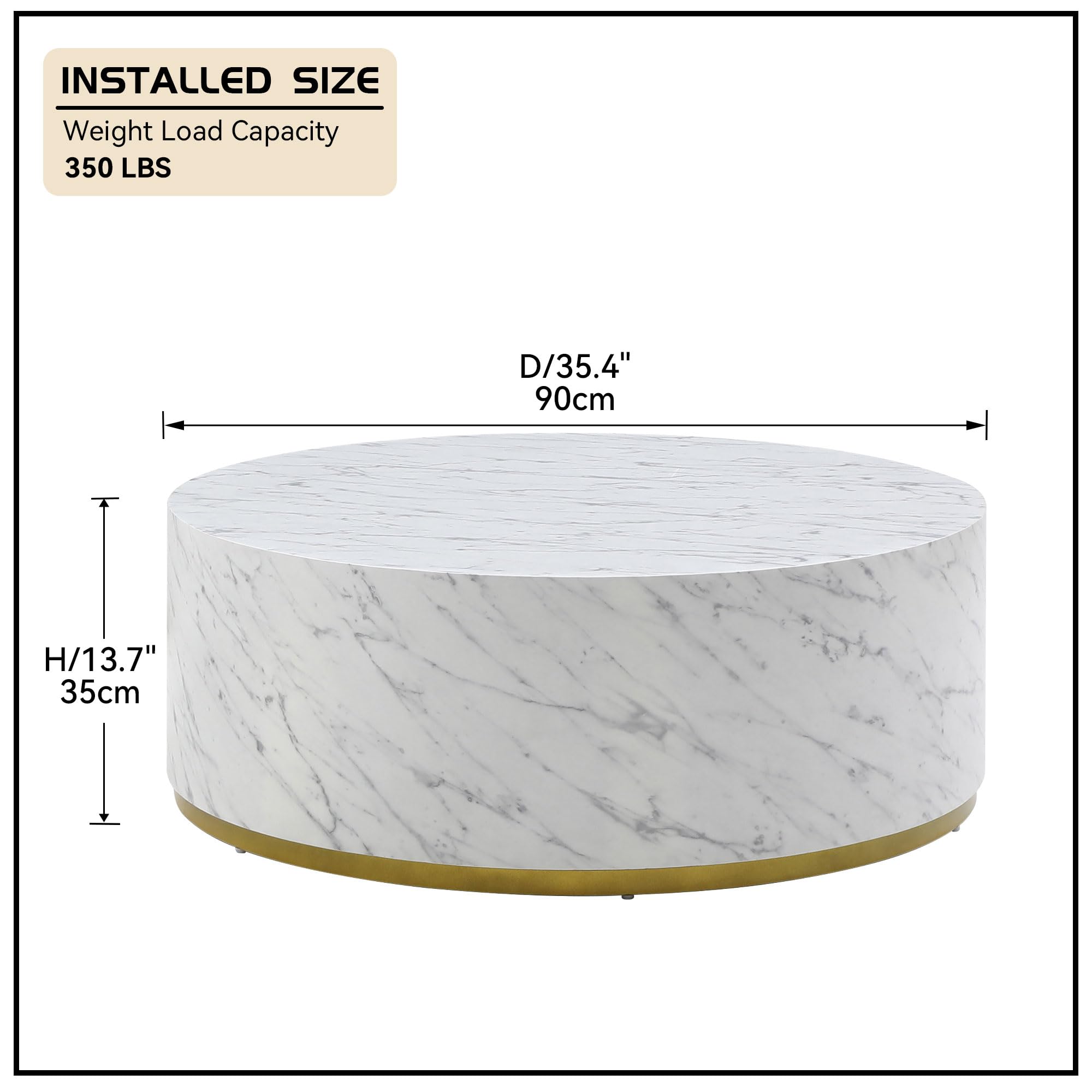 Round White Coffee Table with Gold Rim Bottom & Marble Texture(White Marble Ø35.43*13.78)