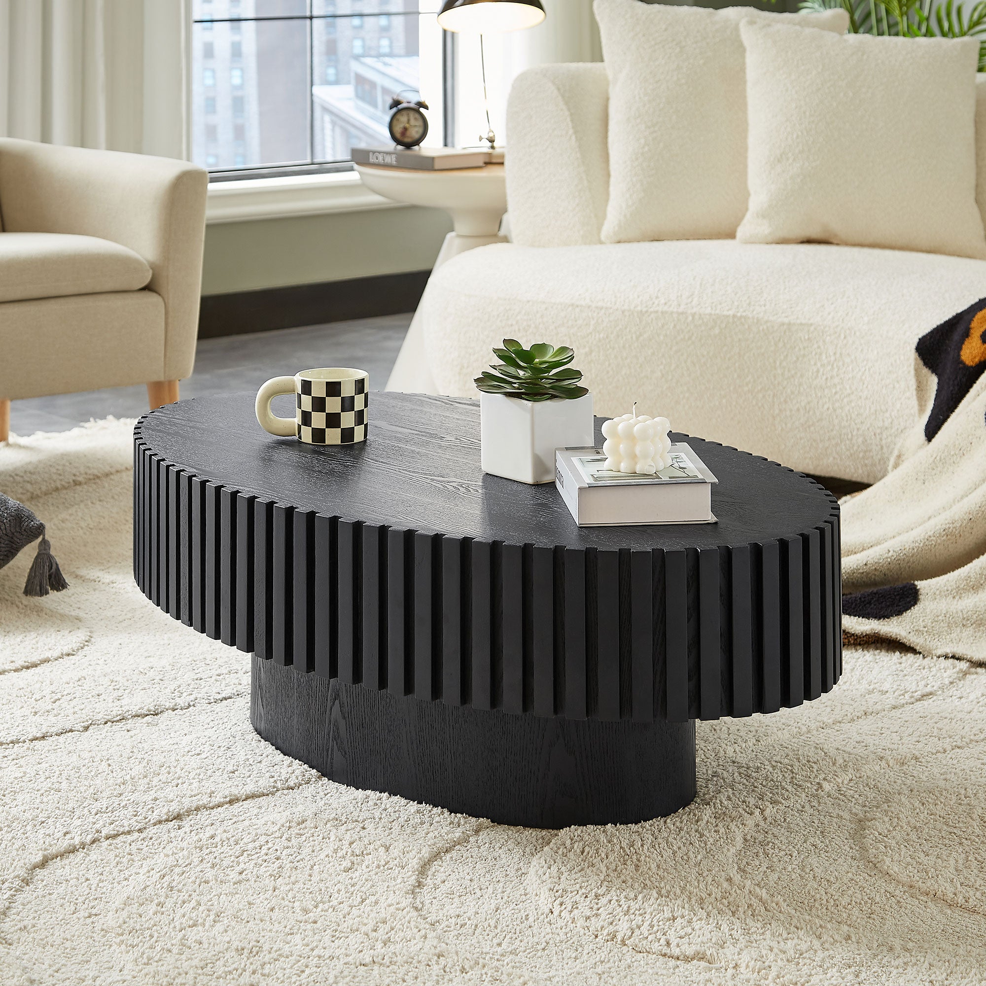 Modern Handcraft Drum Coffee Table | 43.7" Ellipse Coffee Table – Pedestal Base, Solid Wood Relief, Matt Black/Walnut/Natural Ash