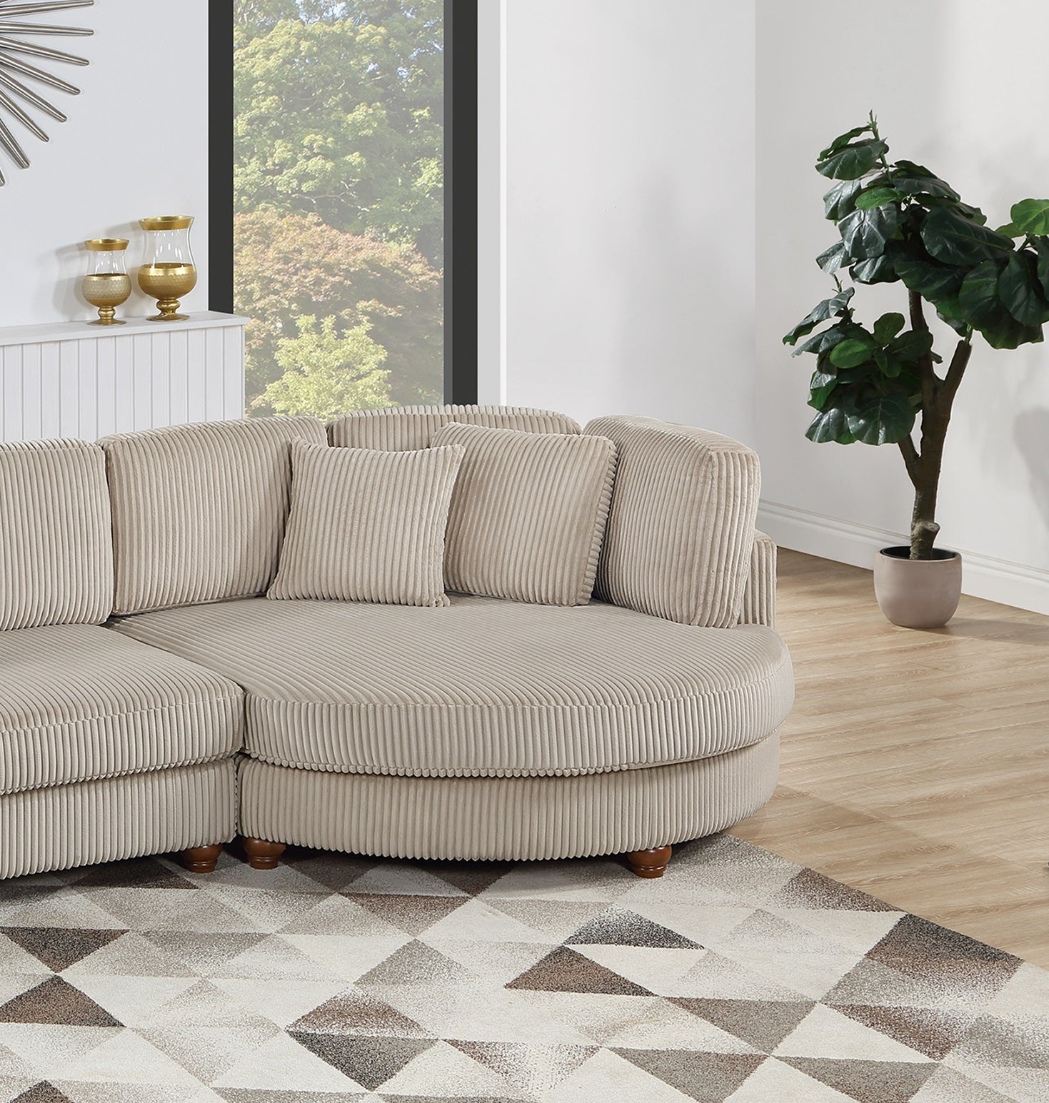 Corduroy Fabric Sofa Round Chaise w Pillows Living Room Couch
