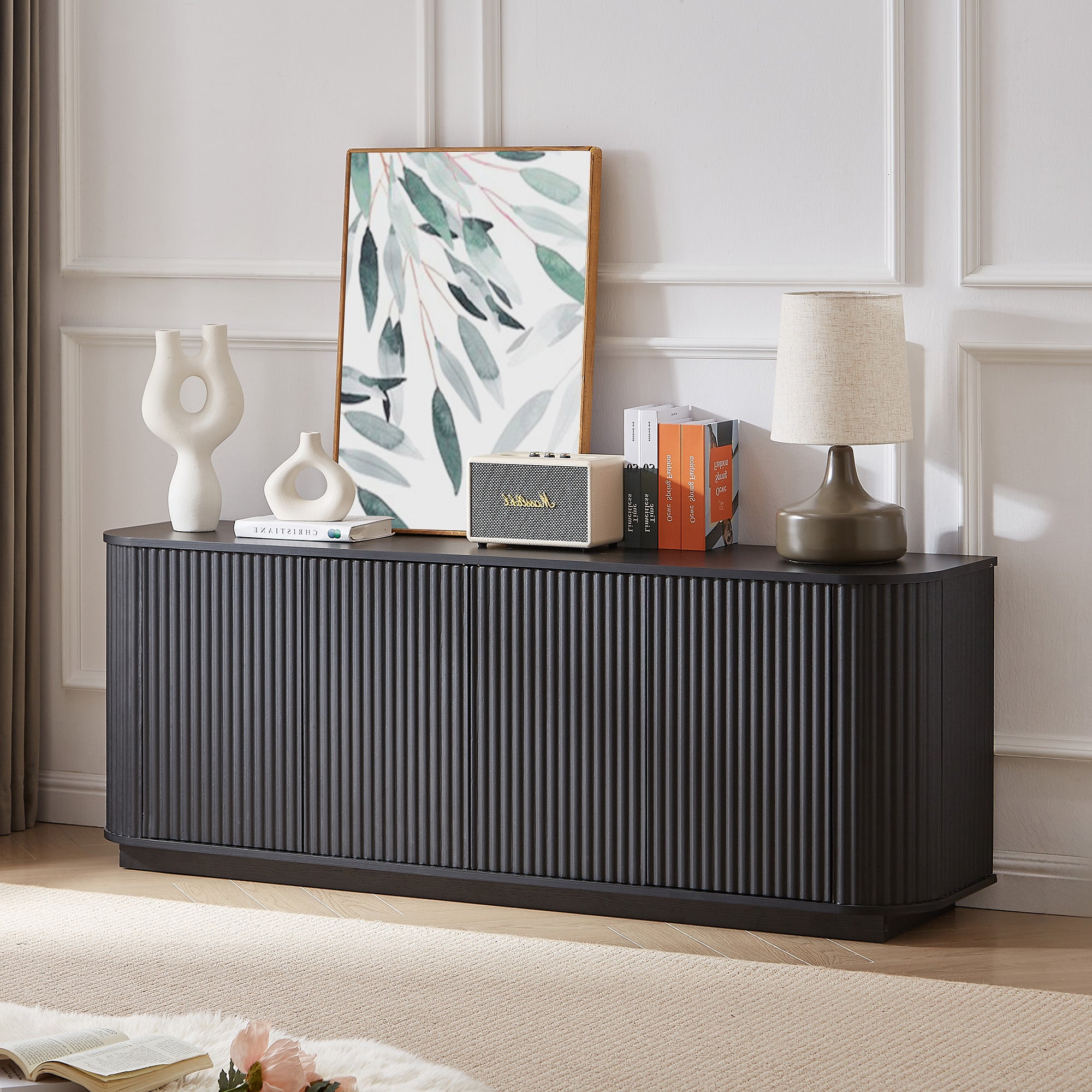 Kitchen, Bedroom & Entryway Essential: Sideboard TV Stand with Wave Pattern, Wooden Vertical Stripes