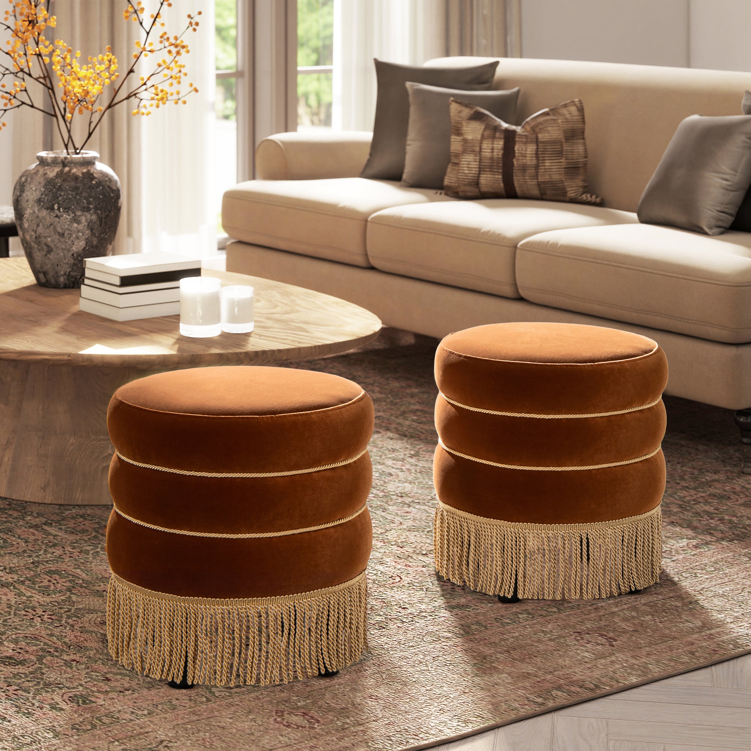 Round Upholstered Ottoman with Bullion Fringe Burnt