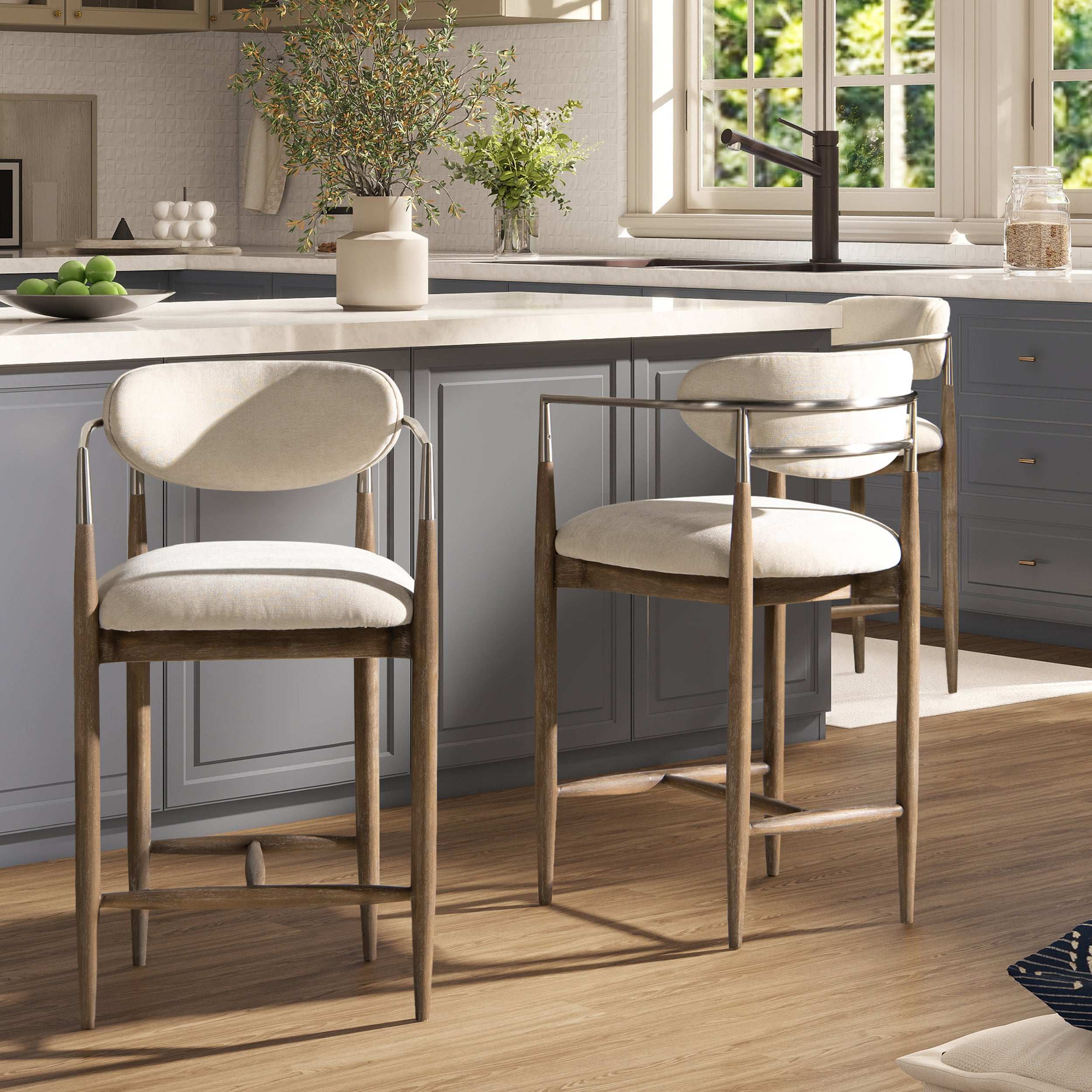 Upholstered Dining Arm Chair, Warm White Chenille/Counter Stool