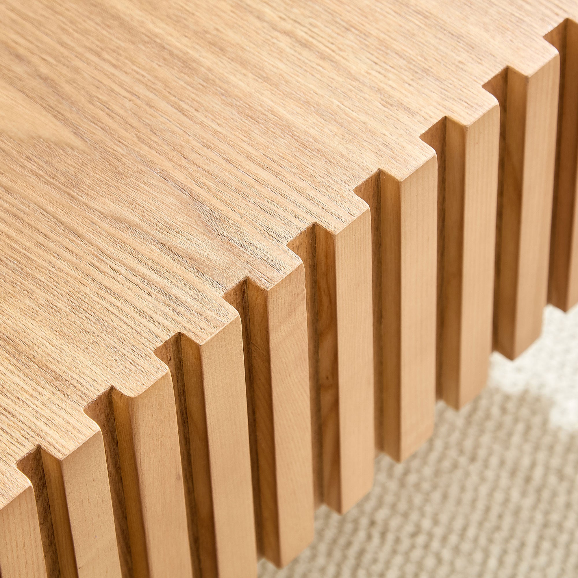 Modern Handcraft Drum Coffee Table | 35.43" Square Coffee Table – Wood Veneer, Pedestal Base, Solid Wood Relief Edge for Living Room