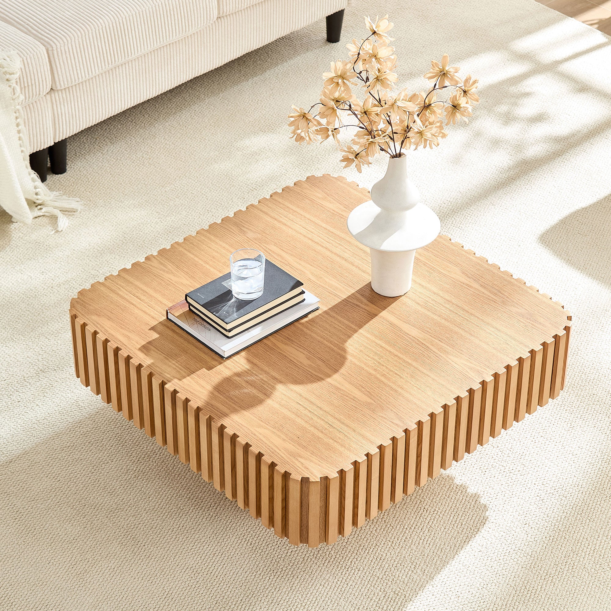Modern Handcraft Drum Coffee Table | 35.43" Square Coffee Table – Wood Veneer, Pedestal Base, Solid Wood Relief Edge for Living Room
