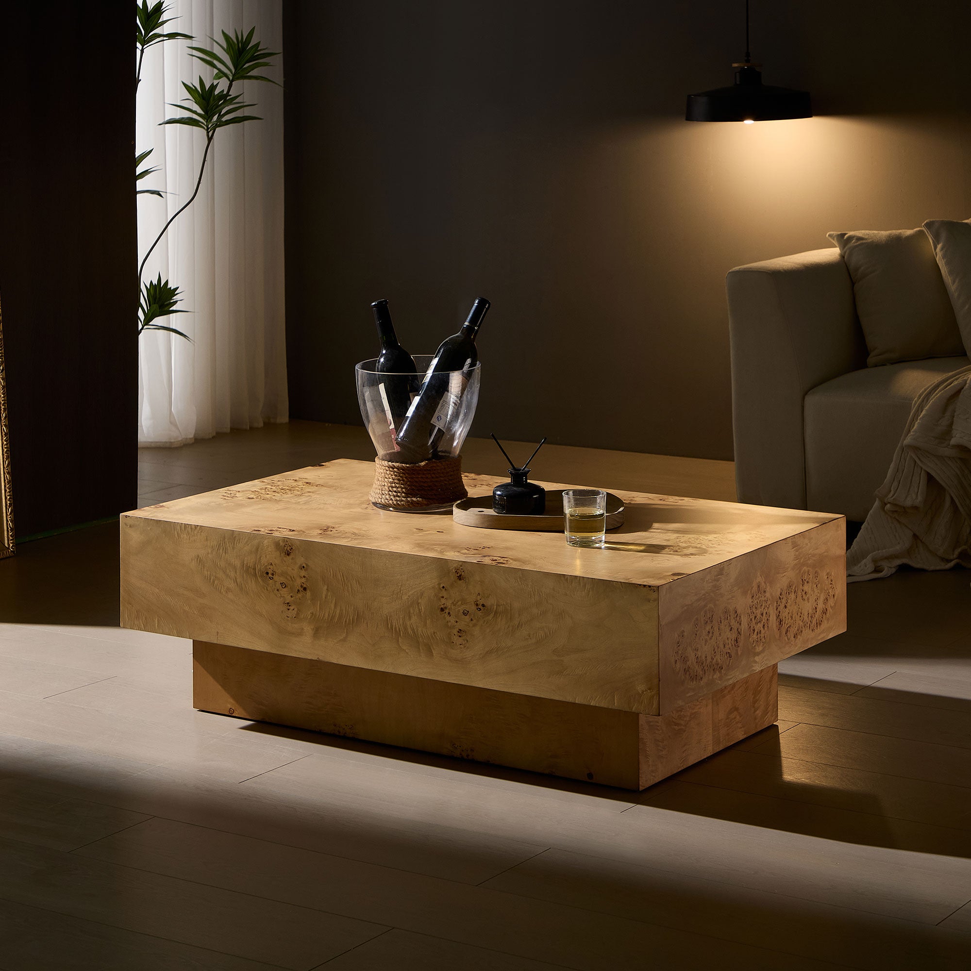 43.31 - Inch Rectangle Coffee Table in Mid - Century Style with Burl Wood Veneer