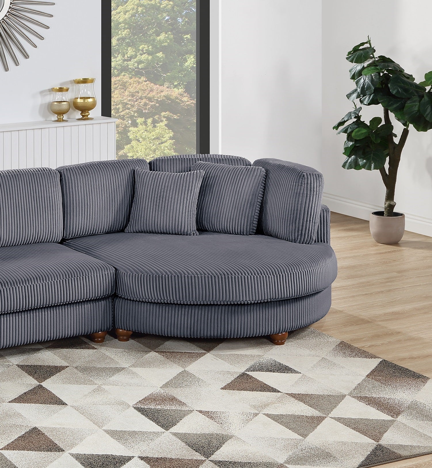 Corduroy Fabric Sofa Round Chaise w Pillows Living Room Couch