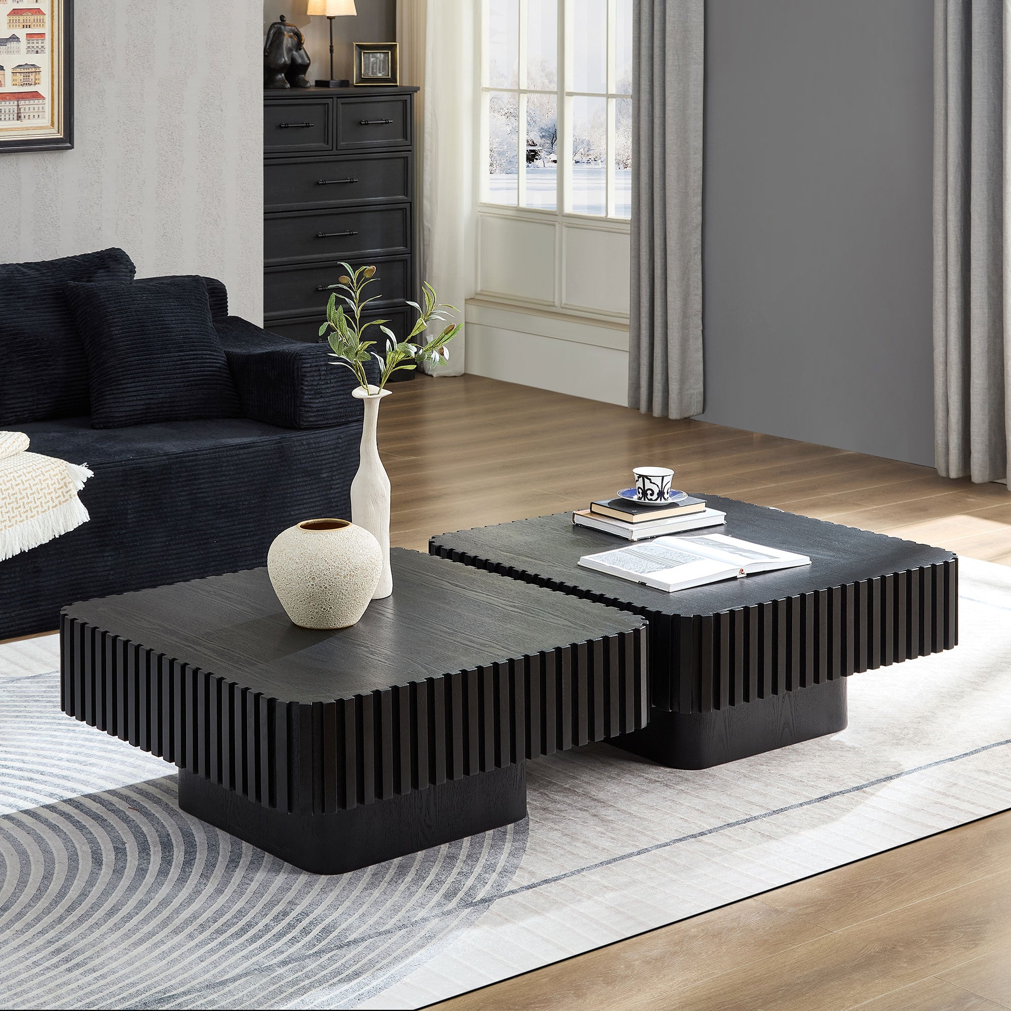 Modern Handcraft Drum Coffee Table | 35.43" Square Coffee Table – Wood Veneer, Pedestal Base, Solid Wood Relief Edge for Living Room