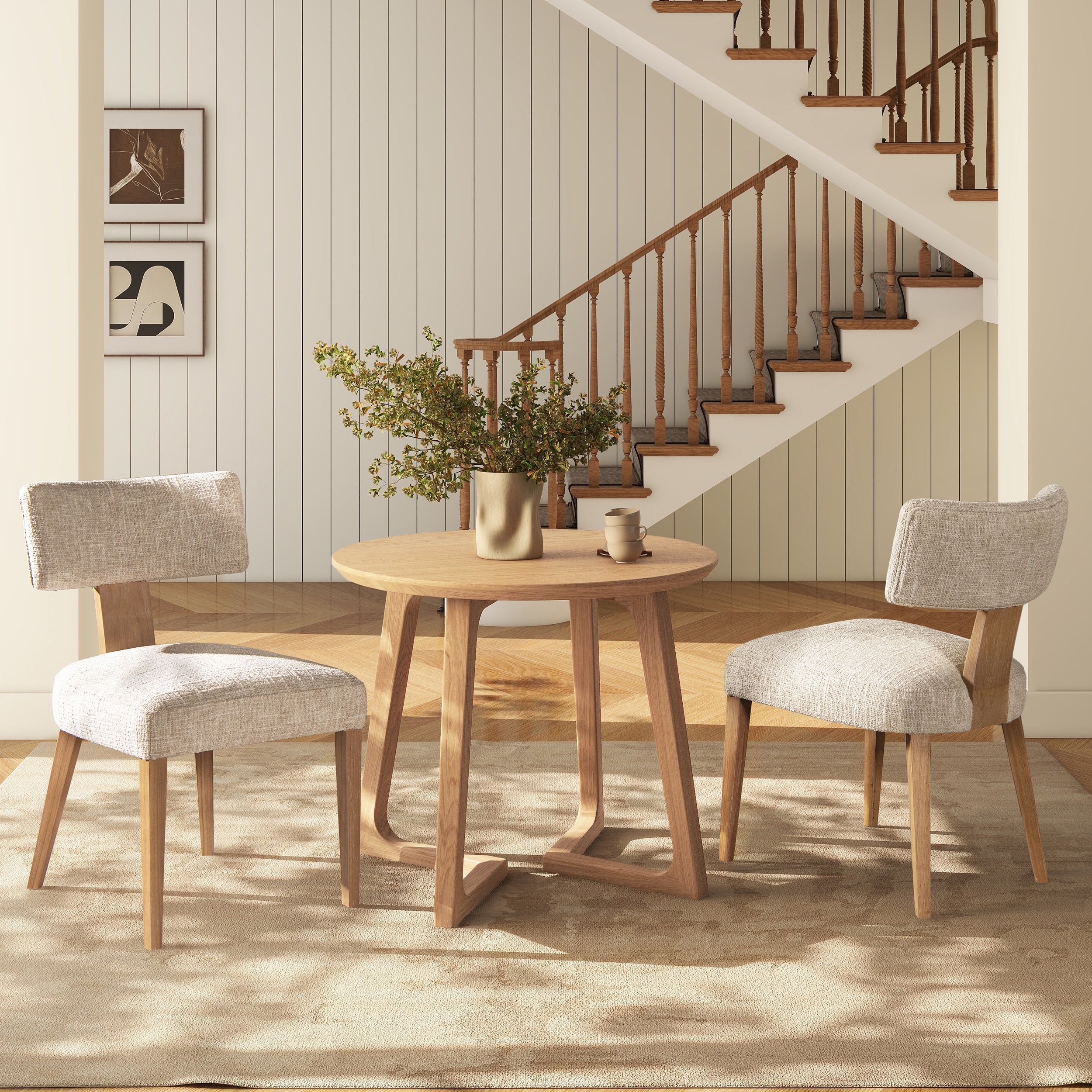 Back Upholstered Dining Side Chair, Set of 2, Travertine Beige Chenille