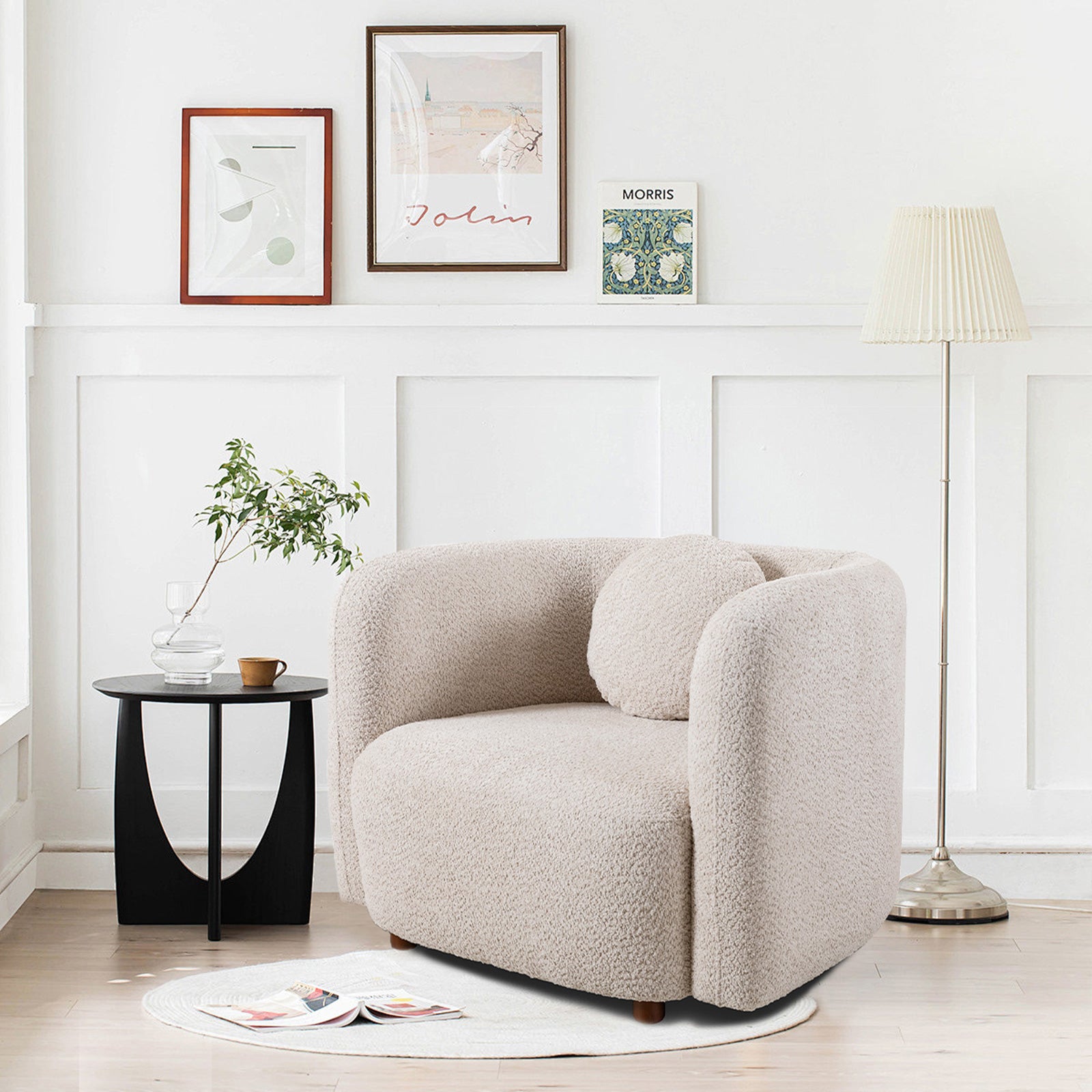 Living Room Armchair: Boucle Upholstered Single Cloud Couch in Japandi Style