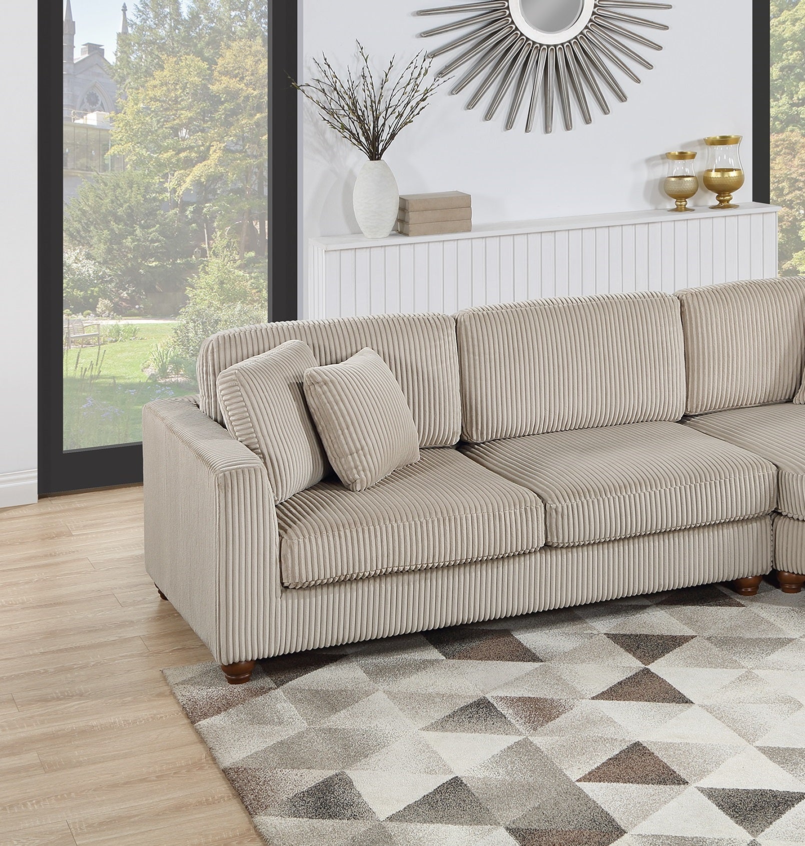 Corduroy Fabric Sofa Round Chaise w Pillows Living Room Couch