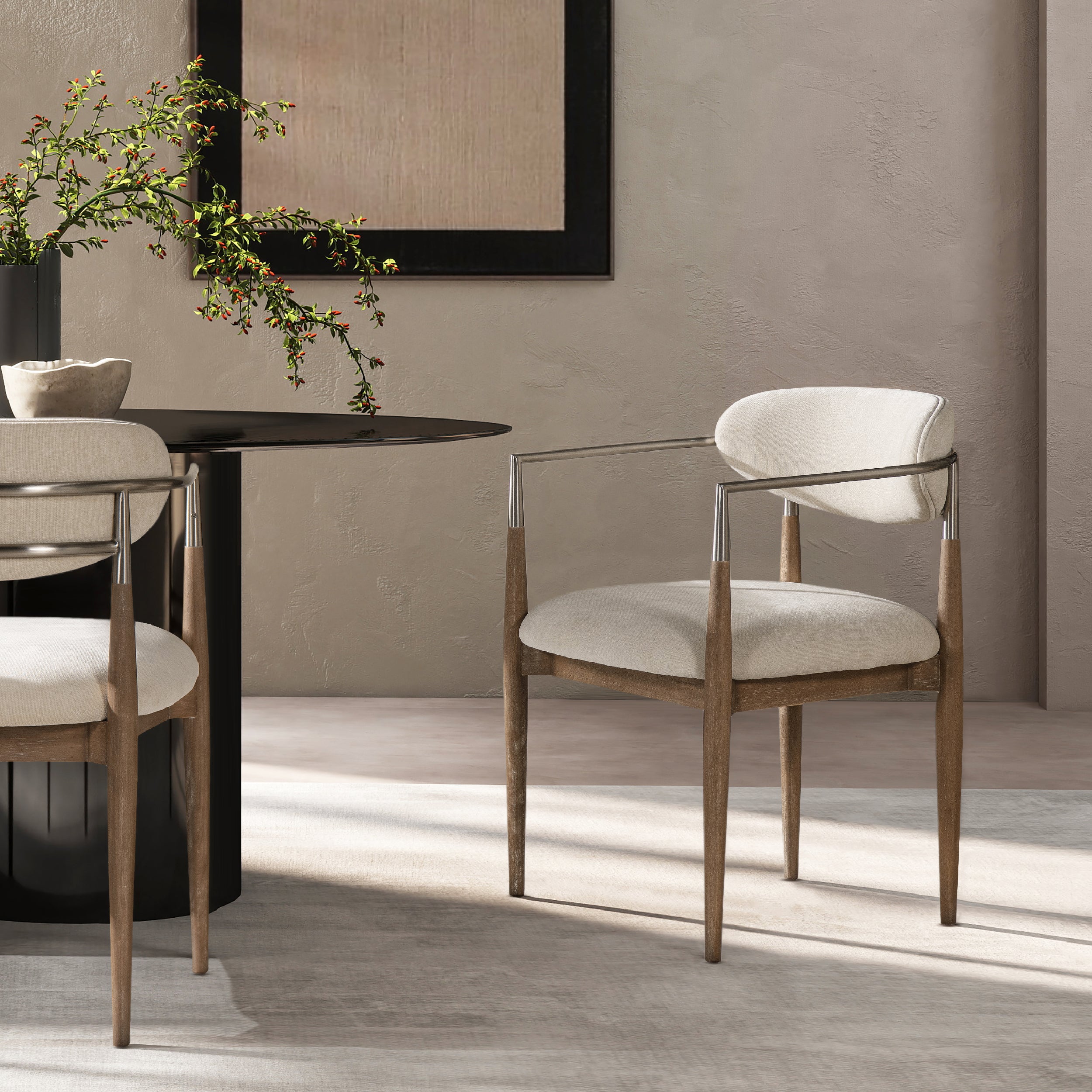 Upholstered Dining Arm Chair, Warm White Chenille/Counter Stool