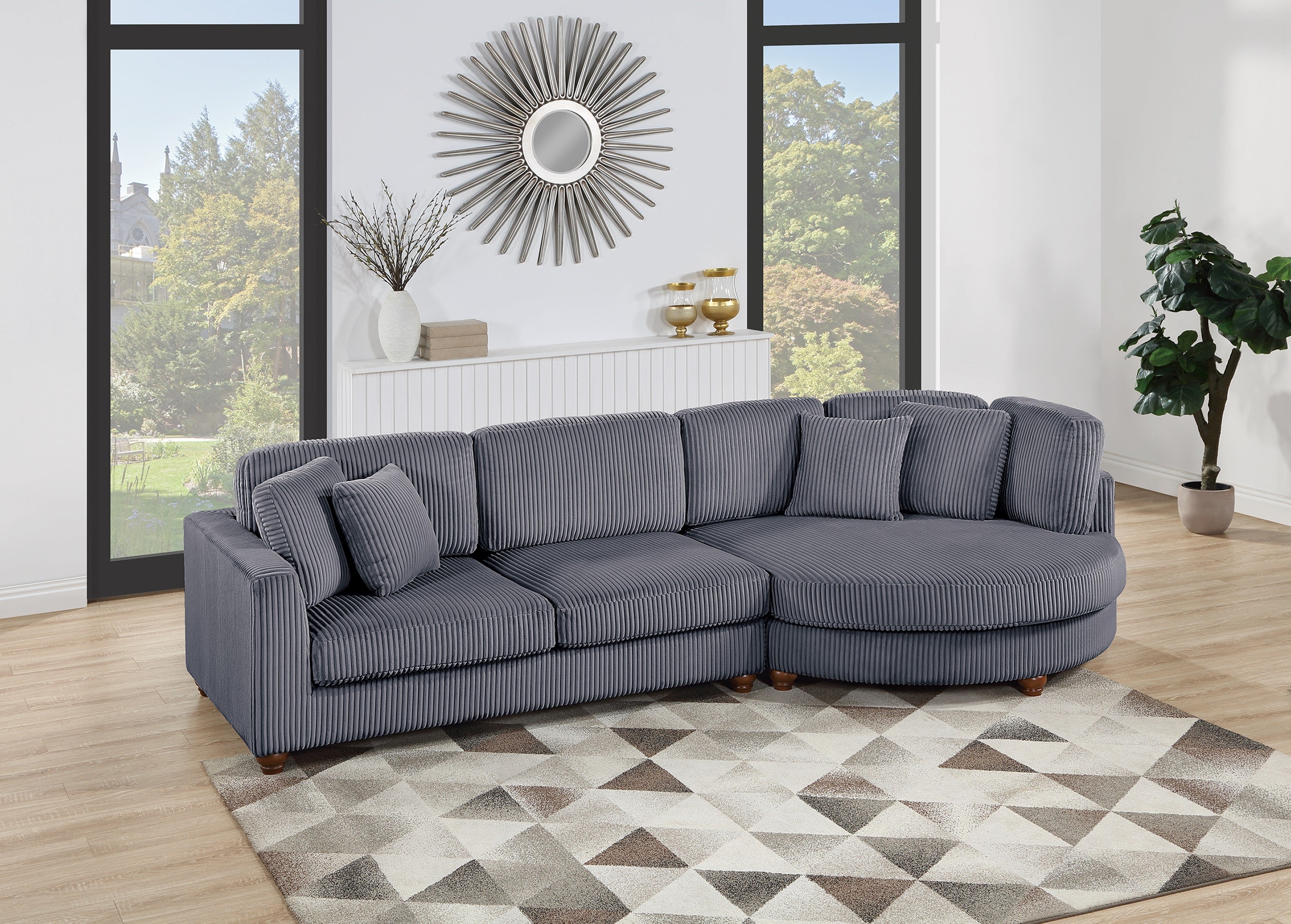 Corduroy Fabric Sofa Round Chaise w Pillows Living Room Couch