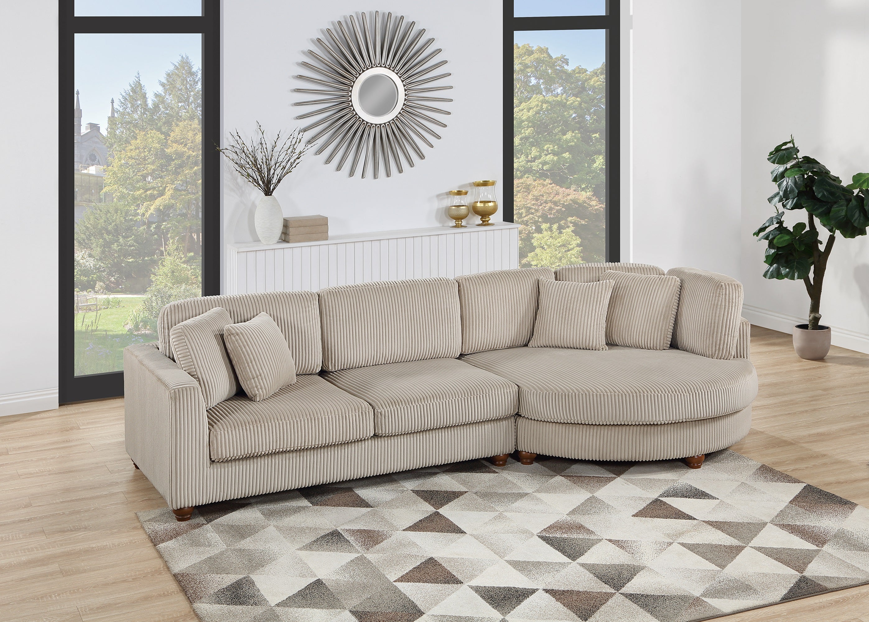 Corduroy Fabric Sofa Round Chaise w Pillows Living Room Couch