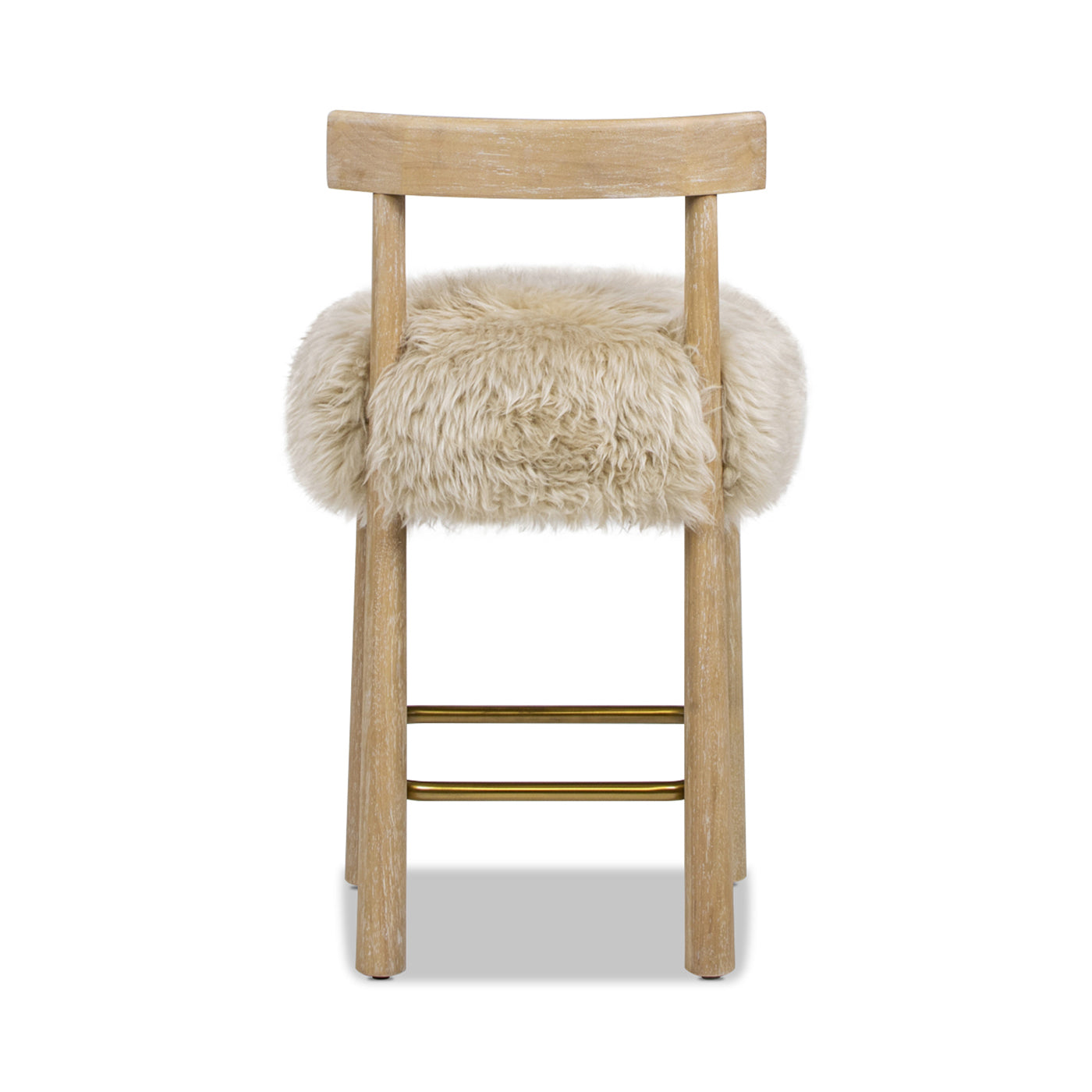 Genuine Fur Counter Height Bar Stool | Solid Wood Frame, Brass Footrest – New Zealand Sheepskin, Natural Light-Toned Finish