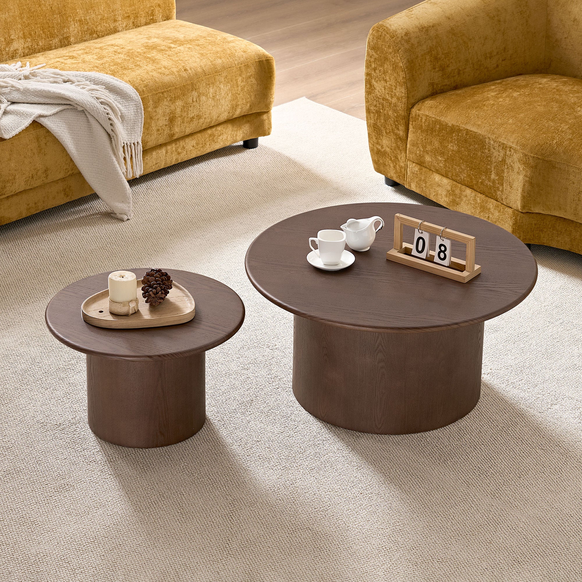 MDF Round Coffee Table Set of 2 | Nesting Tables – Walnut/Black, Mid-Century Modern, Space-Saving for Living Room