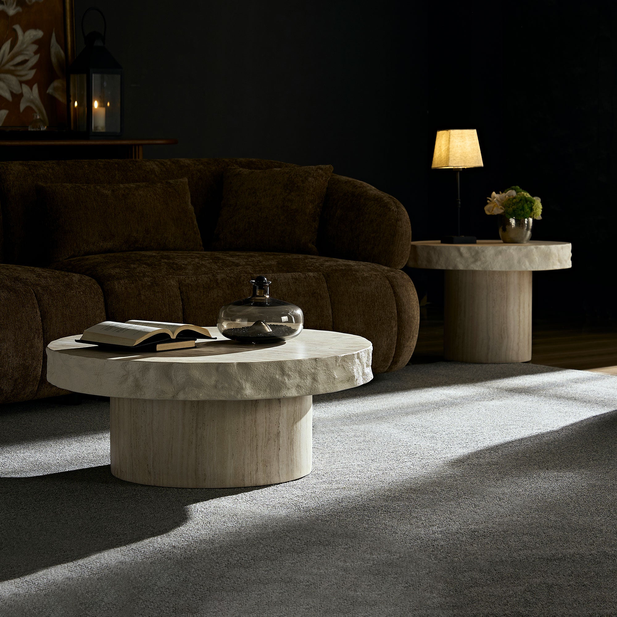 Set of 2 Faux MARS Textural Patterns Coffee Tables | No Assembly Needed – Fiberglass Round Tables for Living Room (Beige)