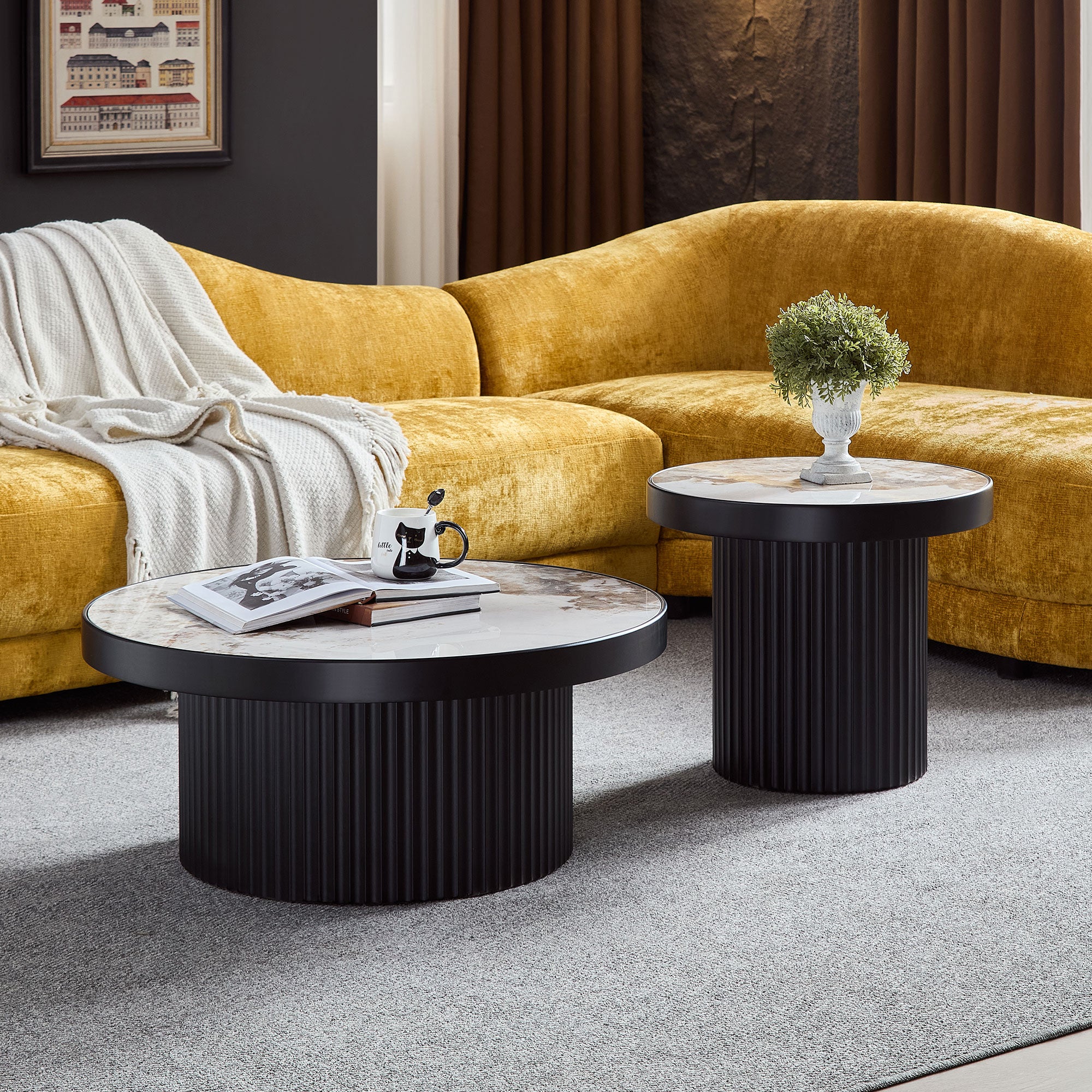 MDF Round Coffee Table Set of 2 | Nesting Tables – Walnut/Black, Mid-Century Modern, Space-Saving for Living Room