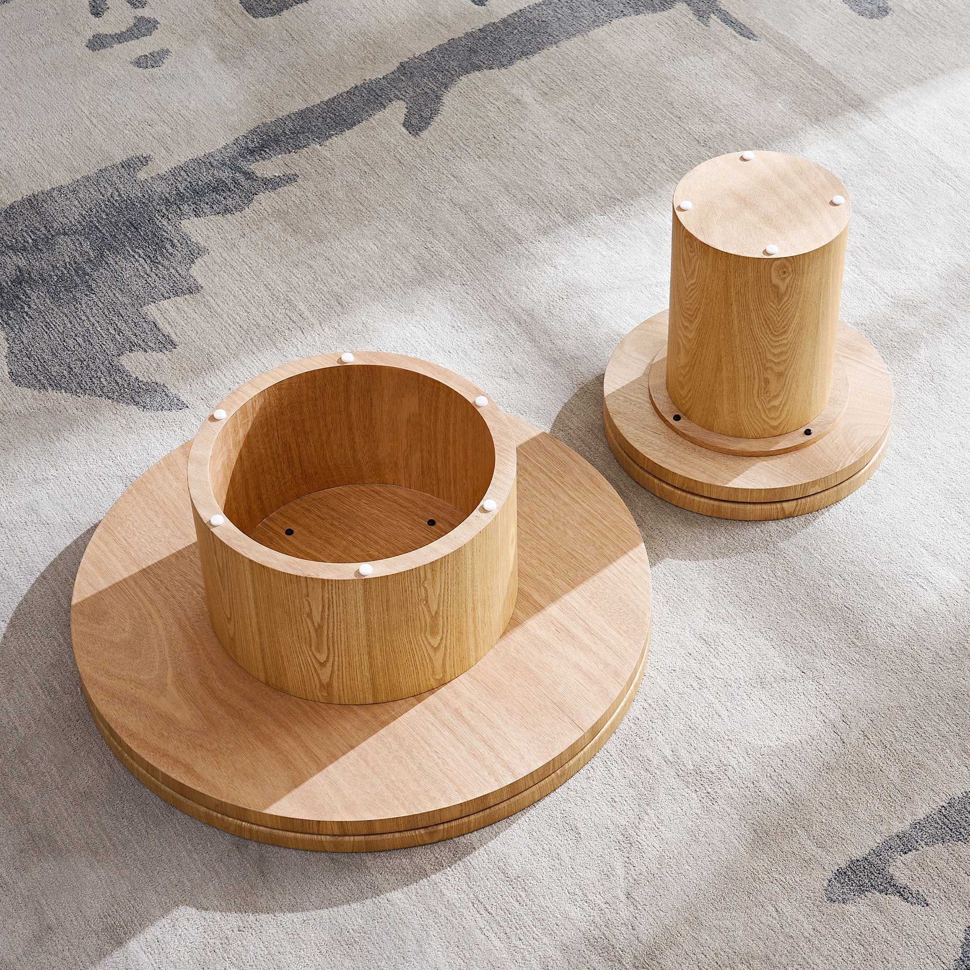 Sintered Stone Round Coffee Table Set of 2 | MDF Base – Natural/Walnut Finish – Modern Living Room Nesting Tables
