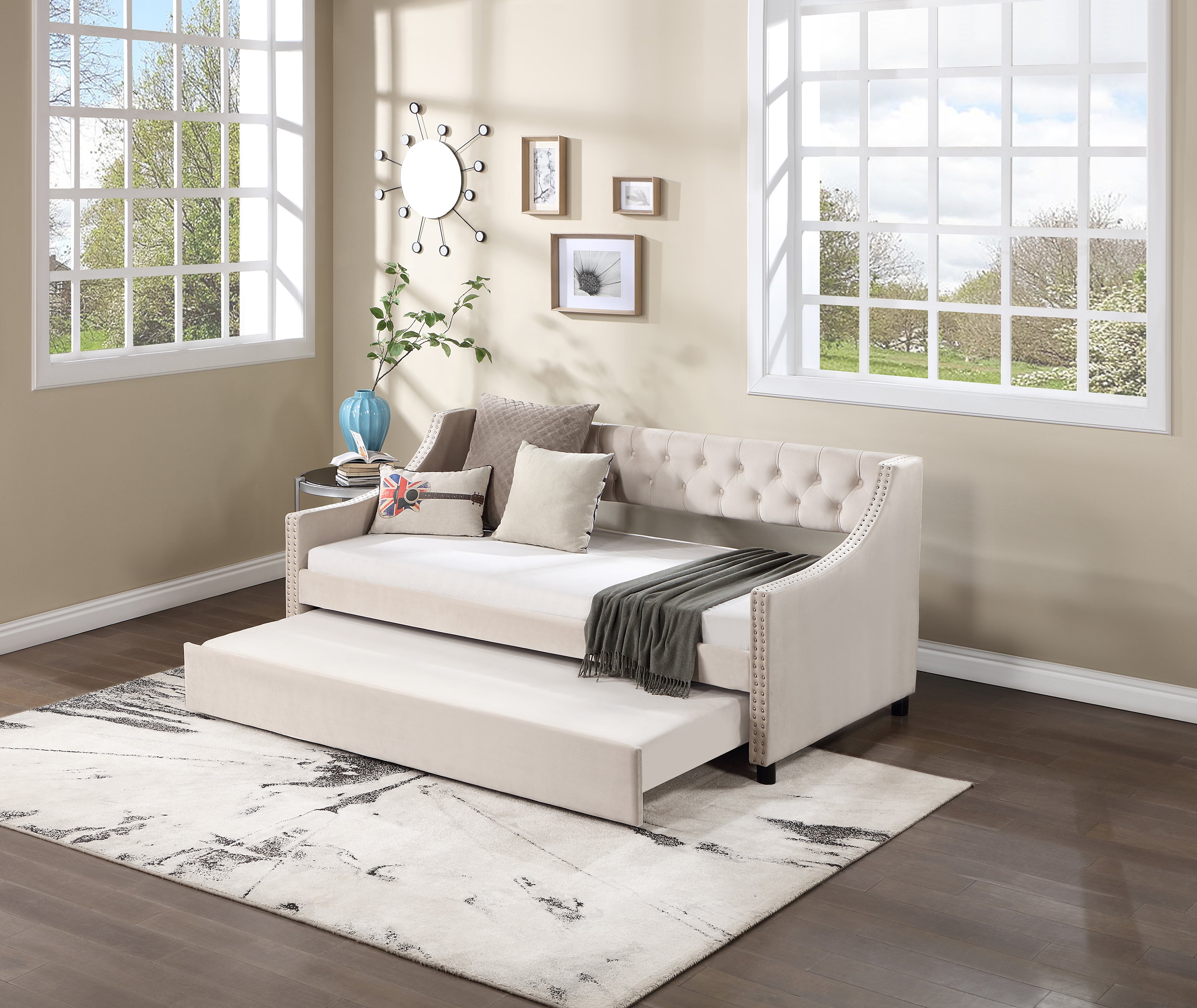Twin Size Upholstered Daybed with Trundle,Sturdy Wood Bedframe w/ Bedframe Tufted Button & Copper Nail on Arms Design,Perfect for Bedroom