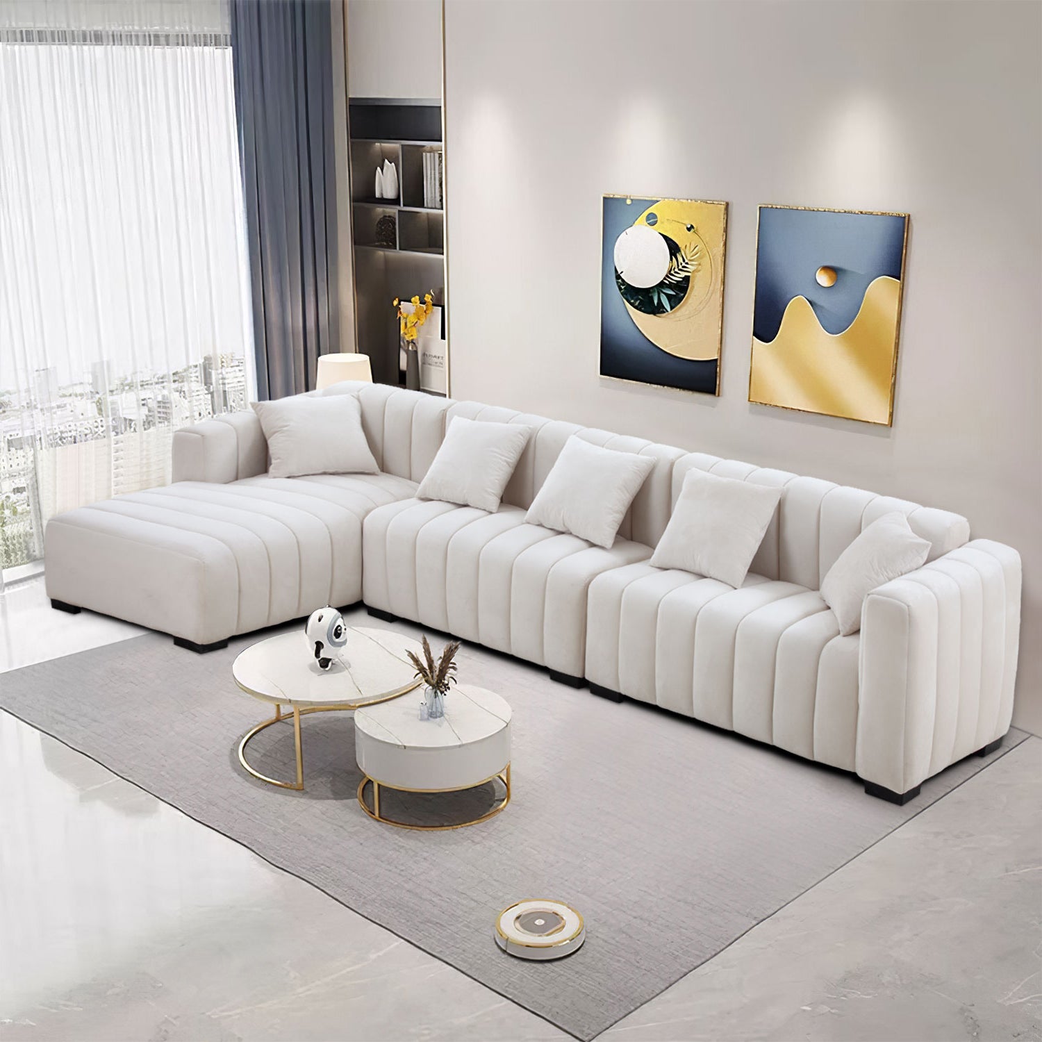 L-Shape Sectional Sofa with Deep Tufted Velvet Upholstered Modular Sofa beige