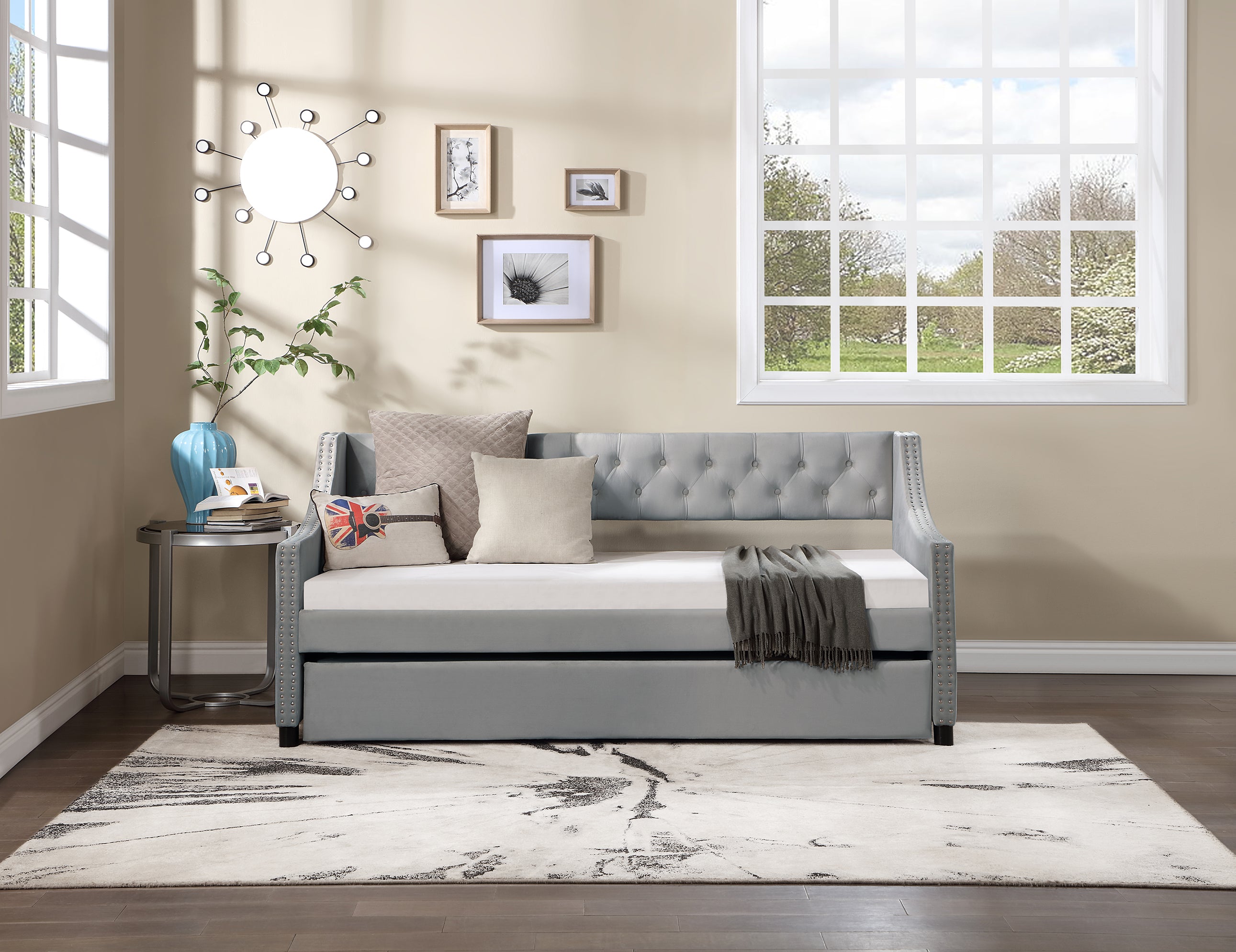 Twin Size Upholstered Daybed with Trundle,Sturdy Wood Bedframe w/ Bedframe Tufted Button & Copper Nail on Arms Design,Perfect for Bedroom