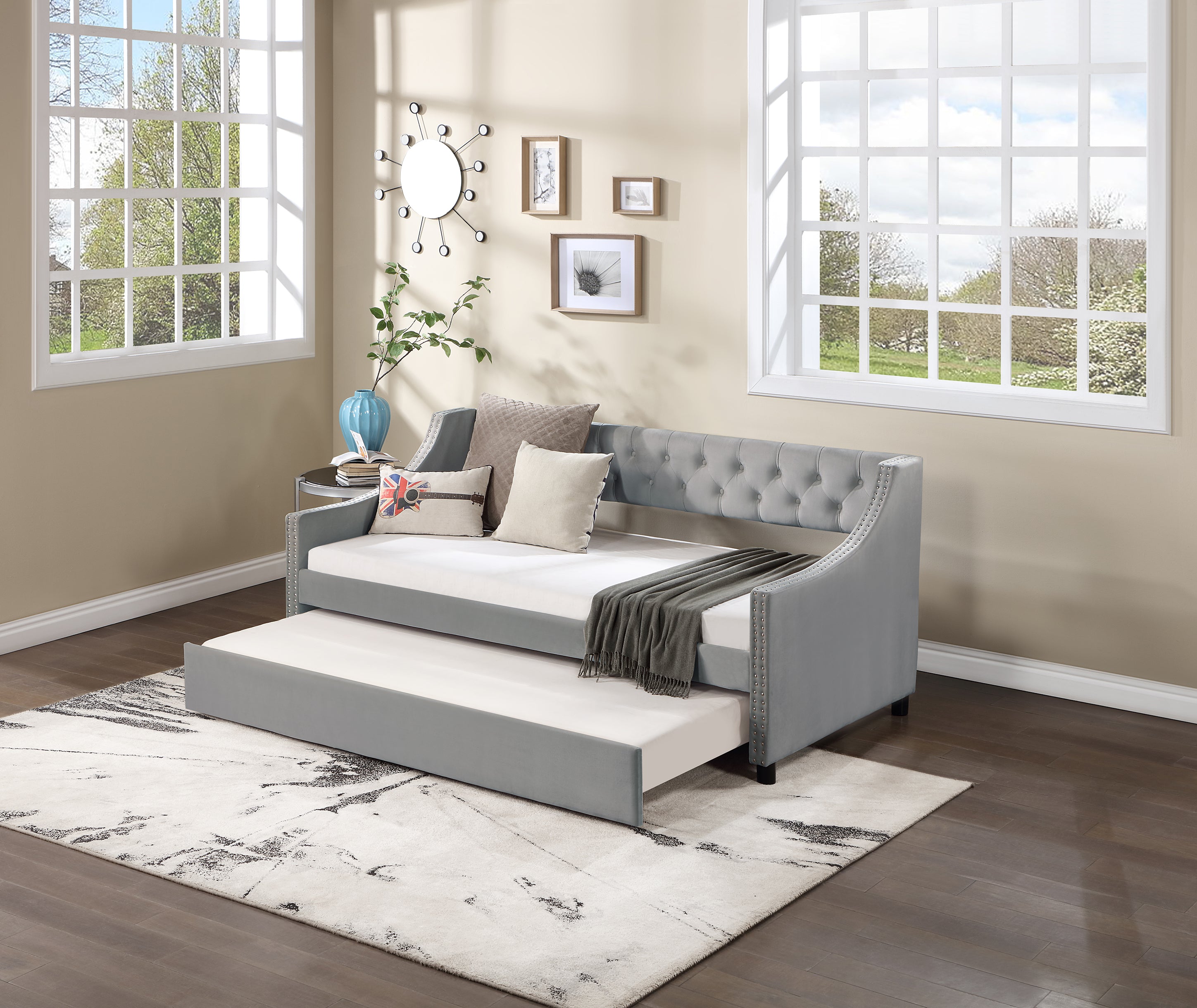 Twin Size Upholstered Daybed with Trundle,Sturdy Wood Bedframe w/ Bedframe Tufted Button & Copper Nail on Arms Design,Perfect for Bedroom