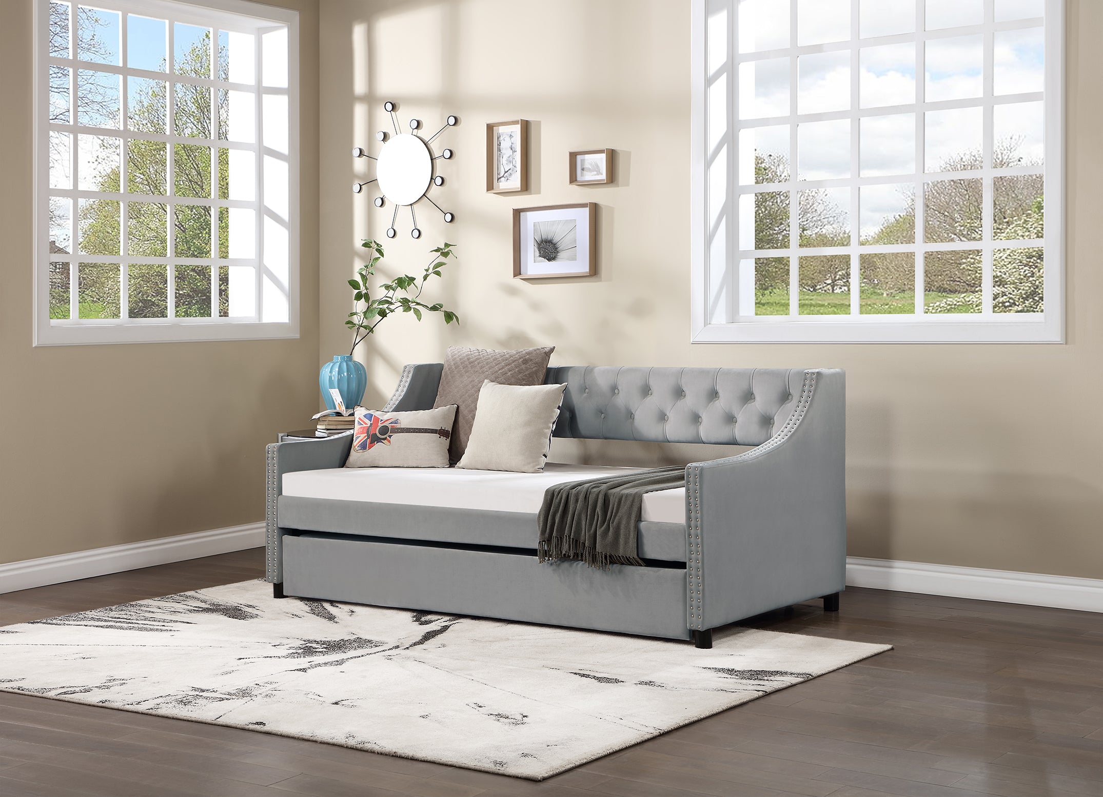 Twin Size Upholstered Daybed with Trundle,Sturdy Wood Bedframe w/ Bedframe Tufted Button & Copper Nail on Arms Design,Perfect for Bedroom