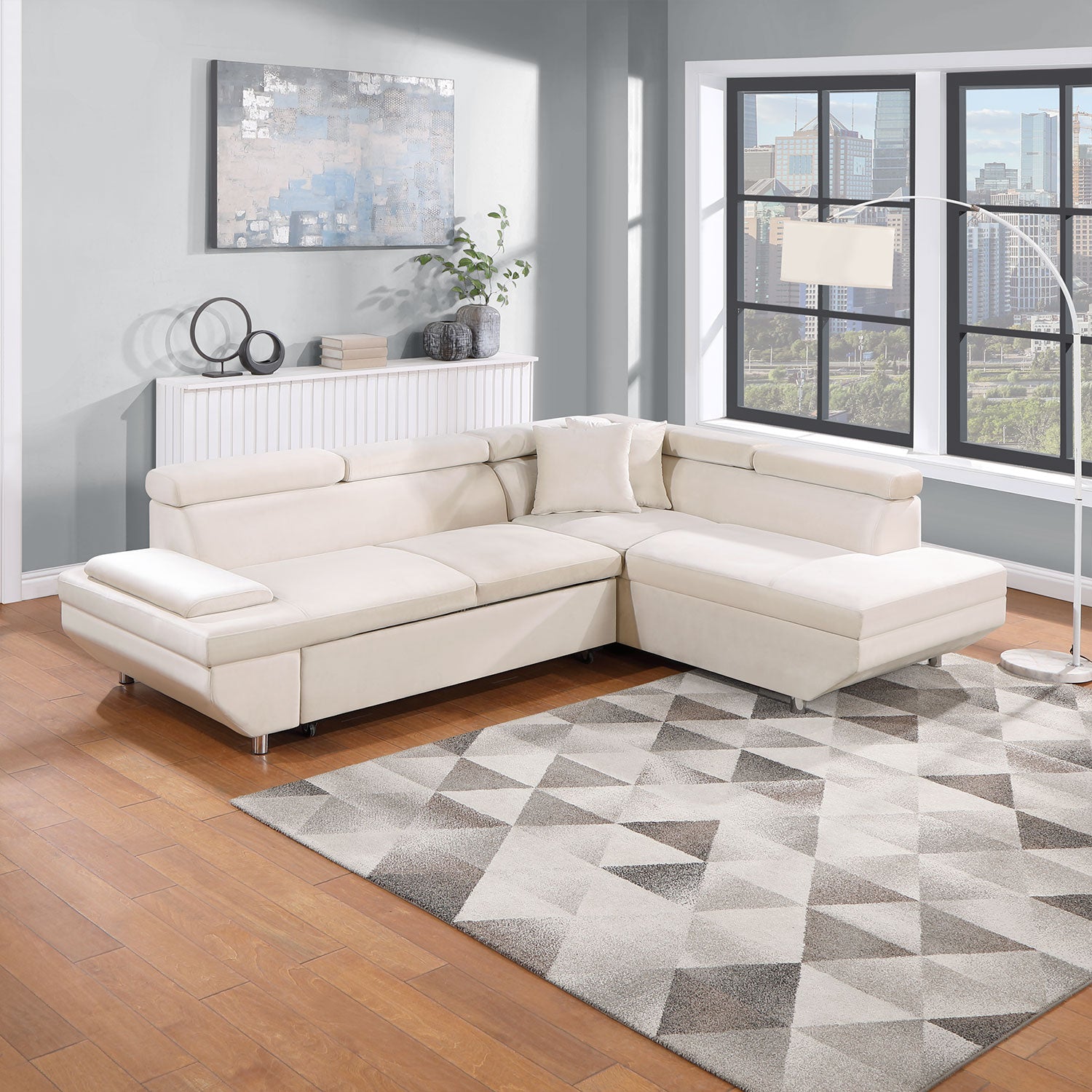 L Shape Sofa, Sleeper Sofa 2 in 1 Pull Out Couch Bed, Pull-out Bed for Living Room, Metal Legs