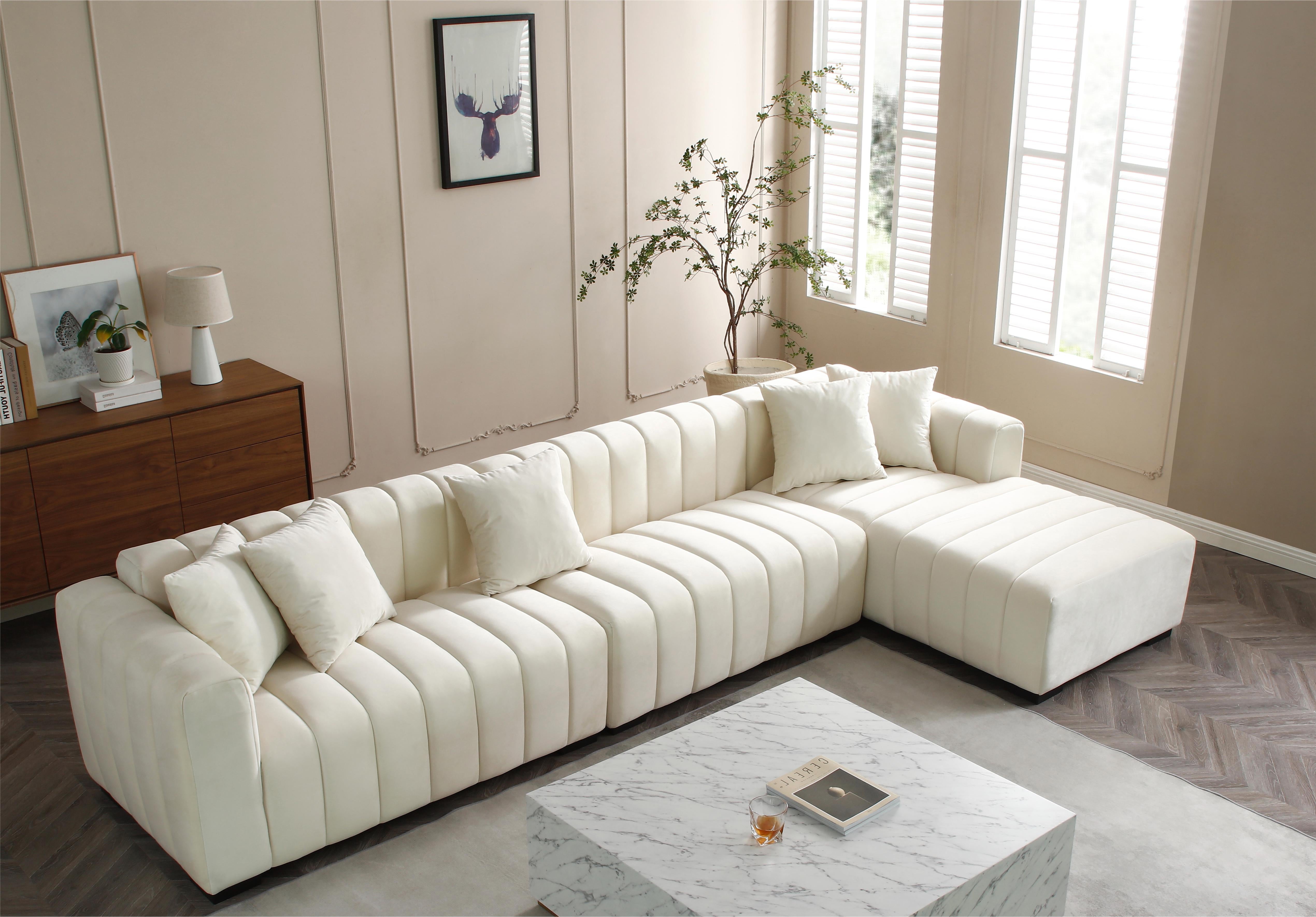 L-Shape Sectional Sofa with Deep Tufted Velvet Upholstered Modular Sofa beige