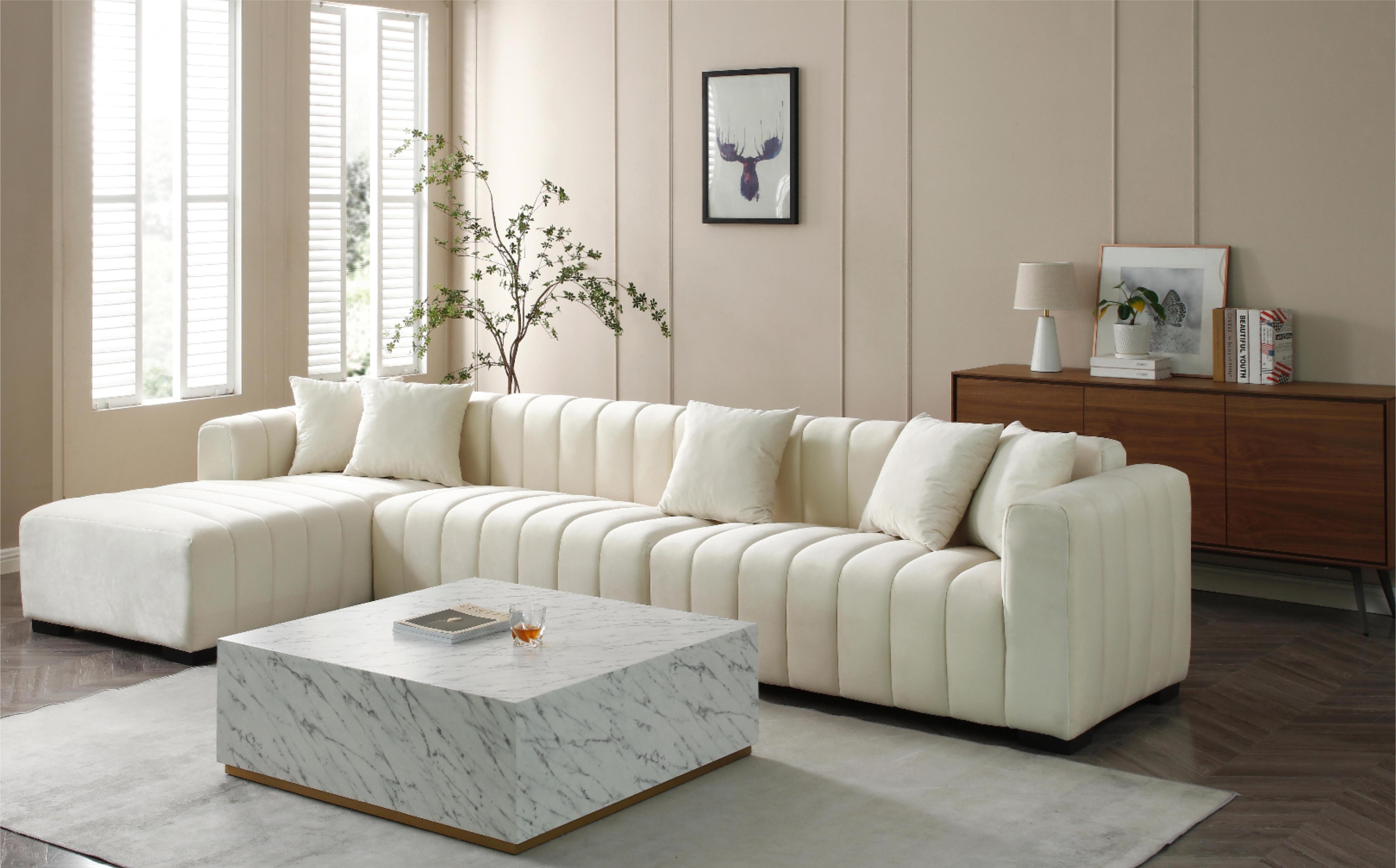 L-Shape Sectional Sofa with Deep Tufted Velvet Upholstered Modular Sofa beige