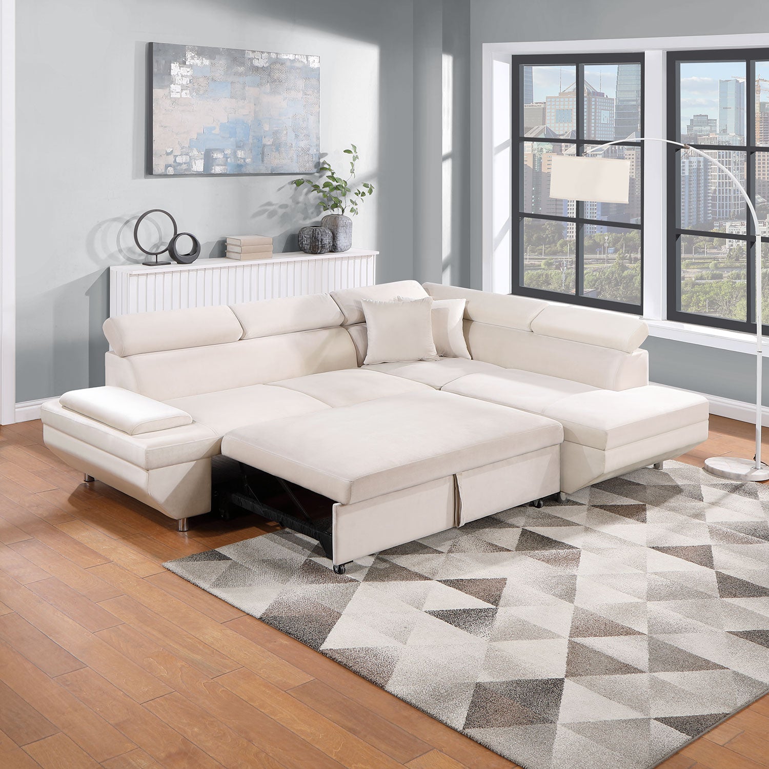 L Shape Sofa, Sleeper Sofa 2 in 1 Pull Out Couch Bed, Pull-out Bed for Living Room, Metal Legs