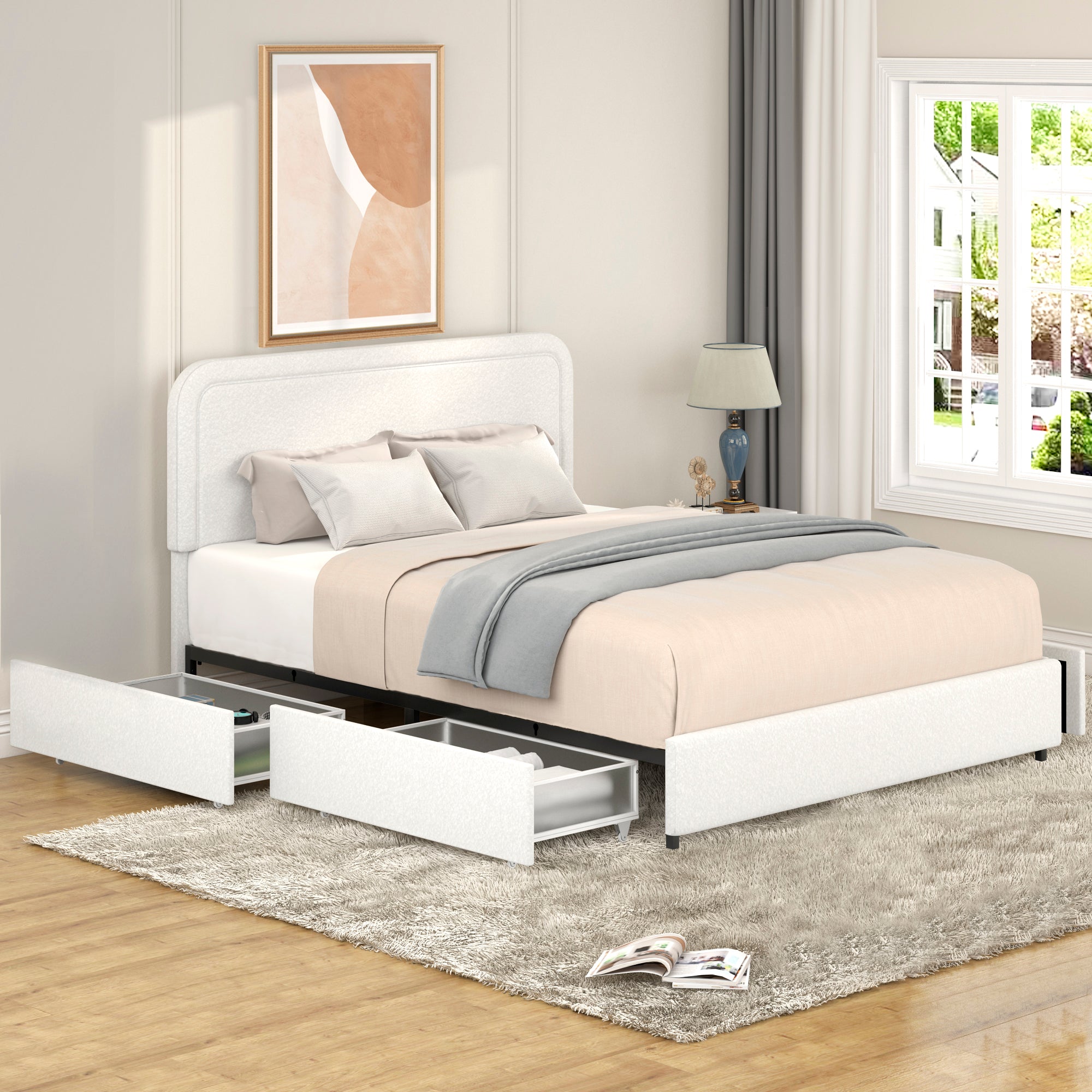 Queen Size Ivory Boucle Upholstered Platform Bed