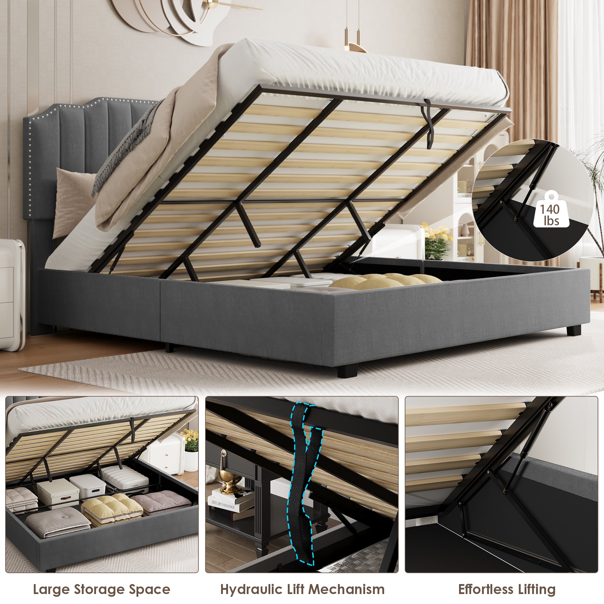 VELVET BEIGE QUEEN SIZE BED