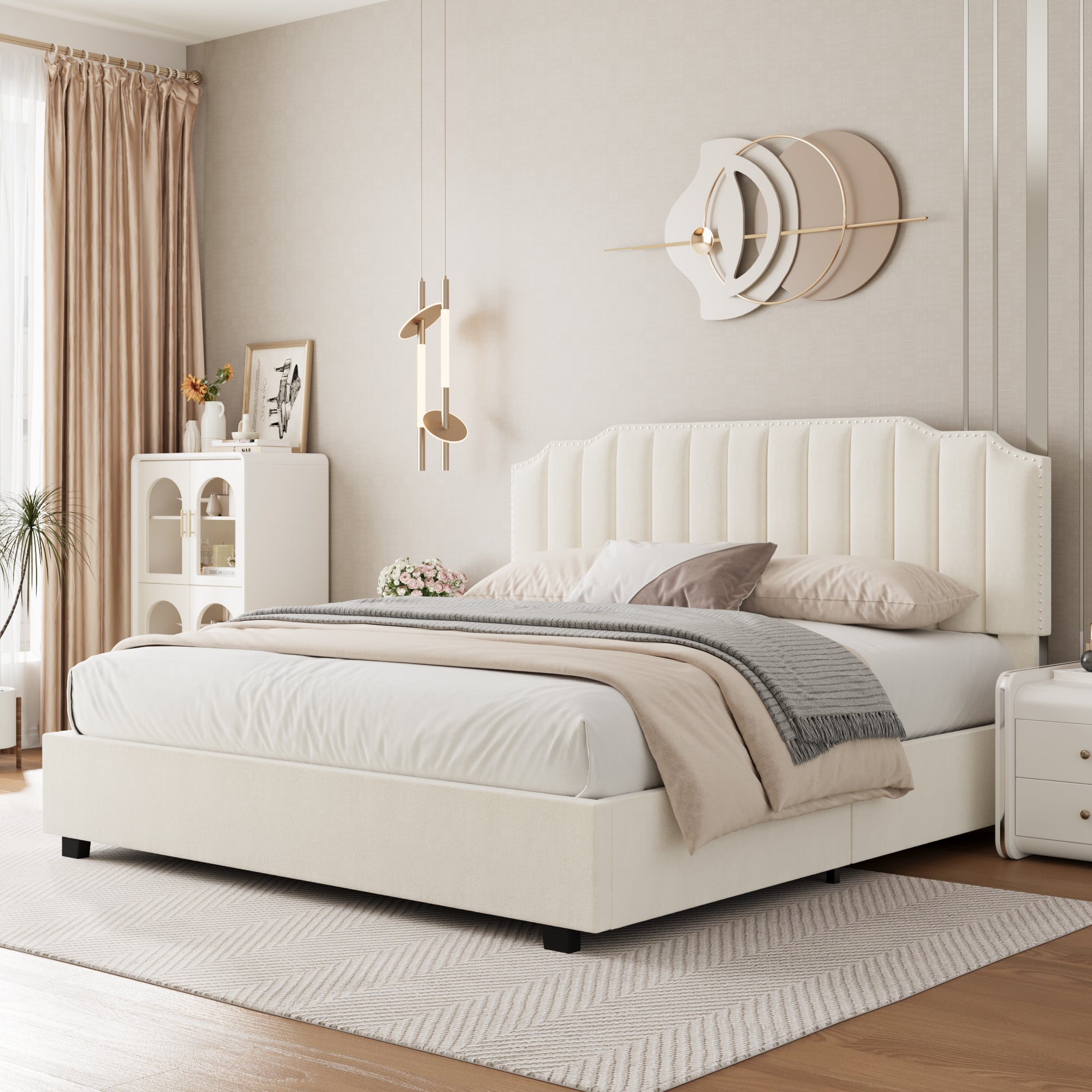VELVET BEIGE QUEEN SIZE BED