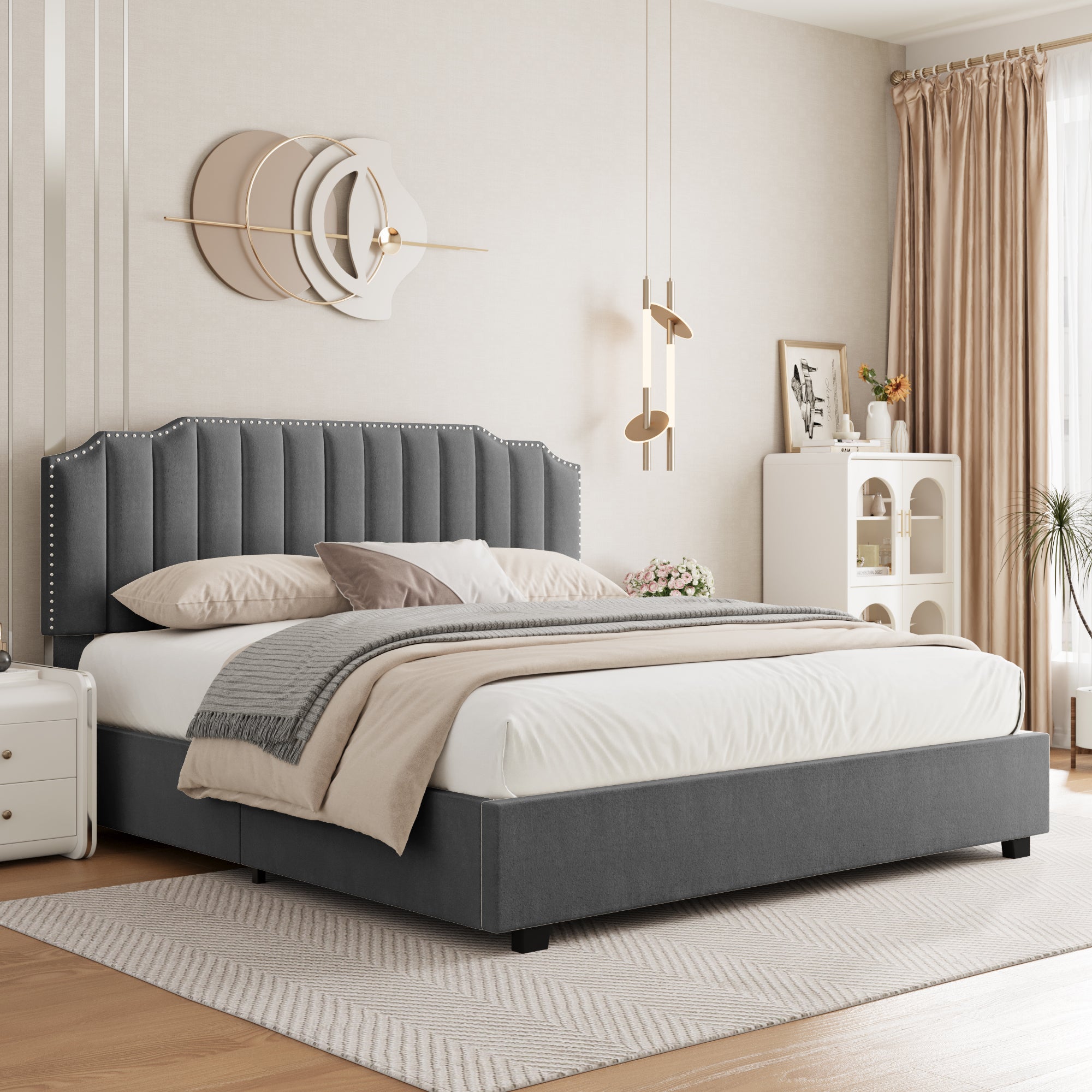 VELVET BEIGE QUEEN SIZE BED