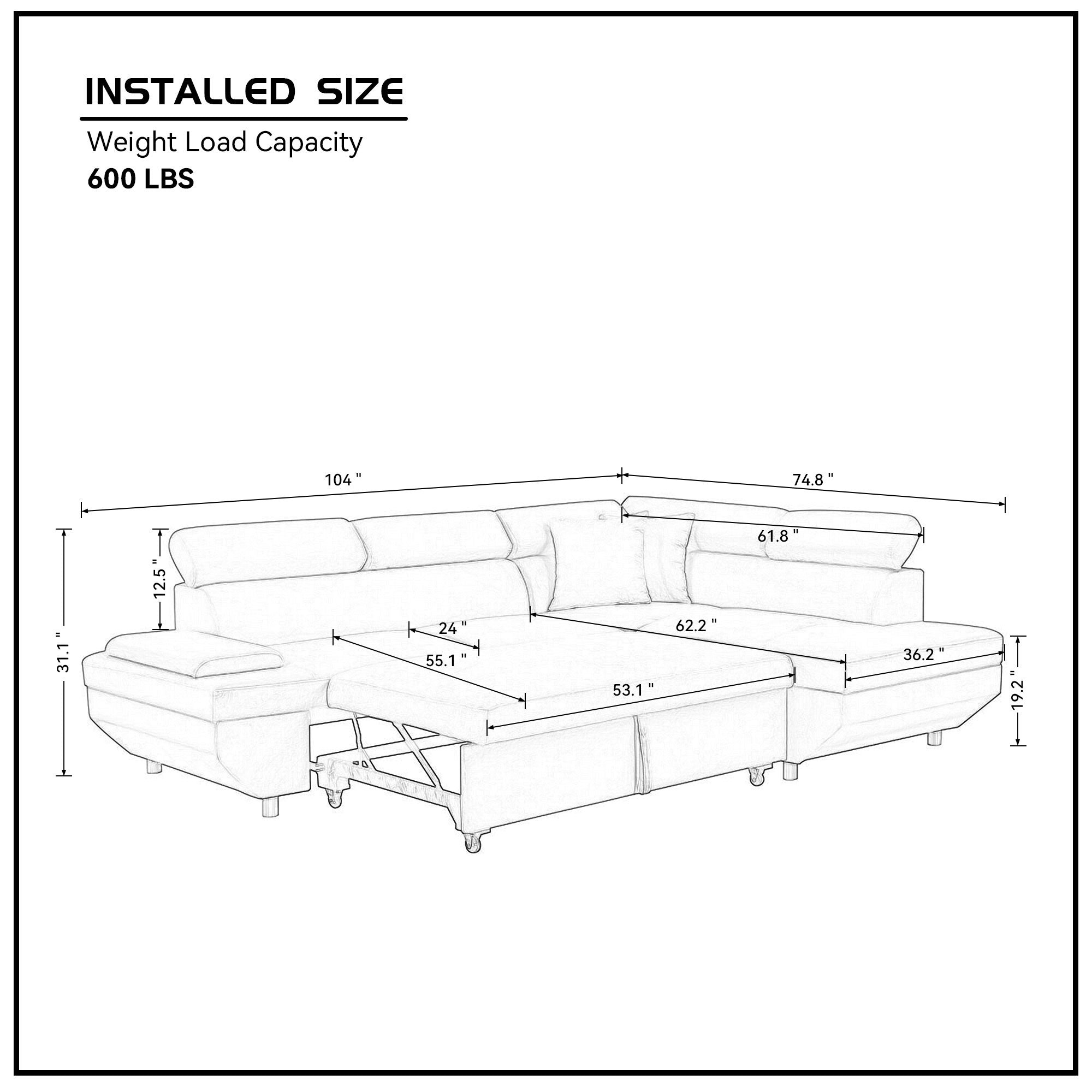L Shape Sofa, Sleeper Sofa 2 in 1 Pull Out Couch Bed, Pull-out Bed for Living Room, Metal Legs