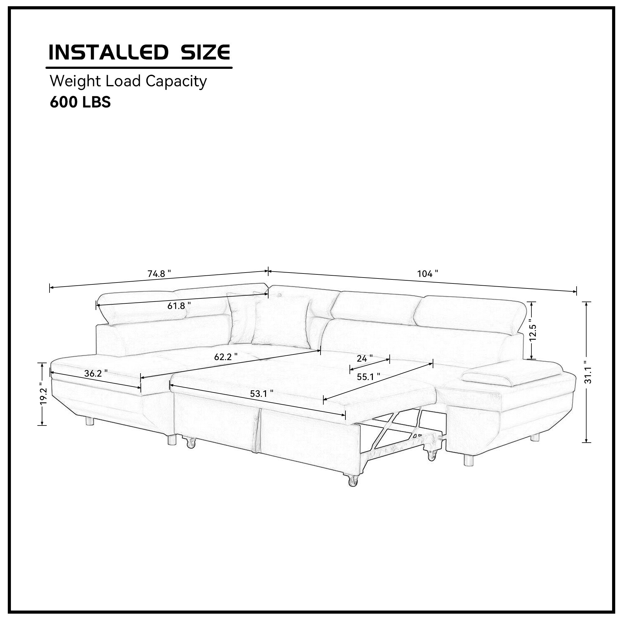 L Shape Sofa, Sleeper Sofa 2 in 1 Pull Out Couch Bed, Pull-out Bed for Living Room, Metal Legs