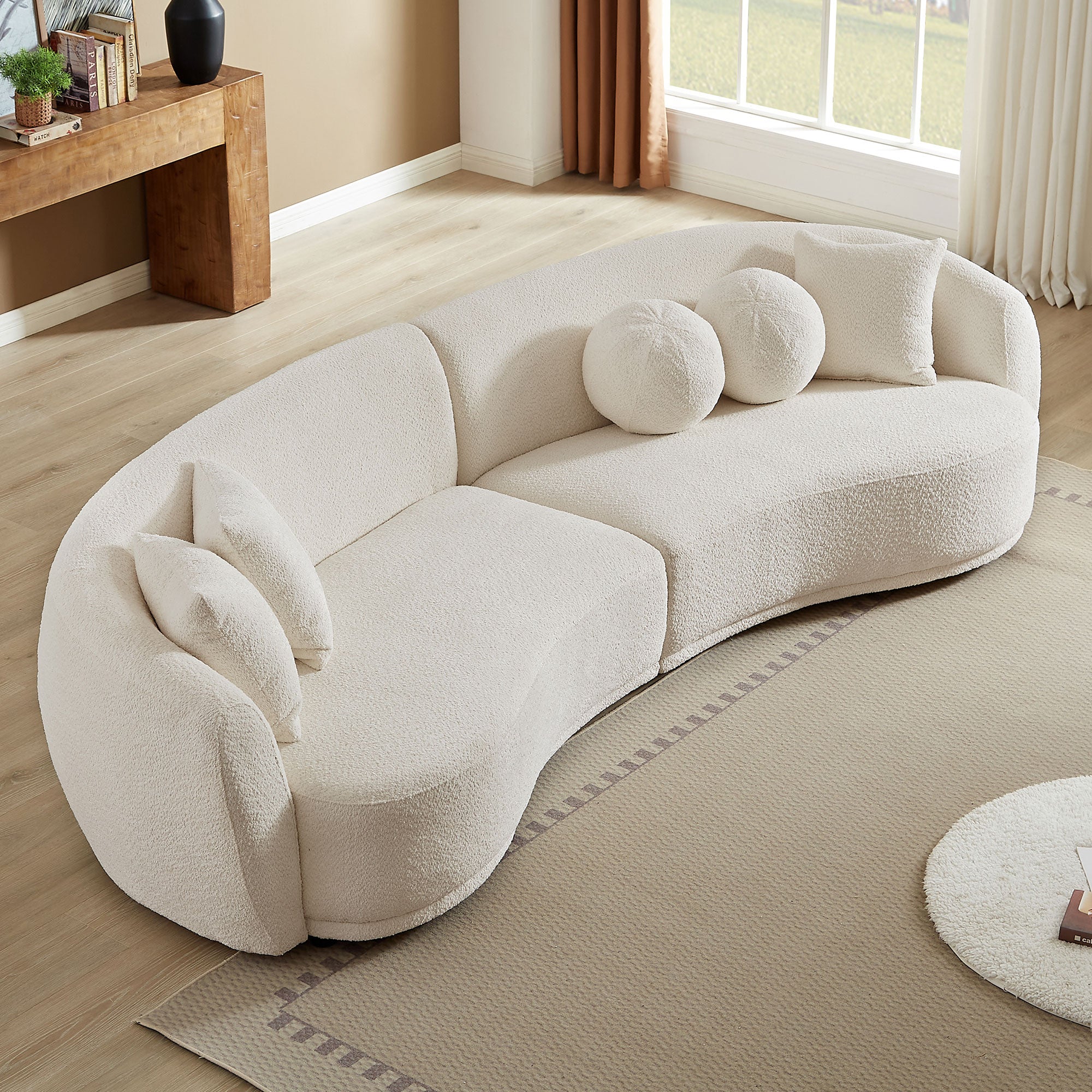 sofa Soft Comfy Teddy Fabric Upholstered Deap Seat Sectional Couch with 5 Decorative Throw Pillows for Living Room