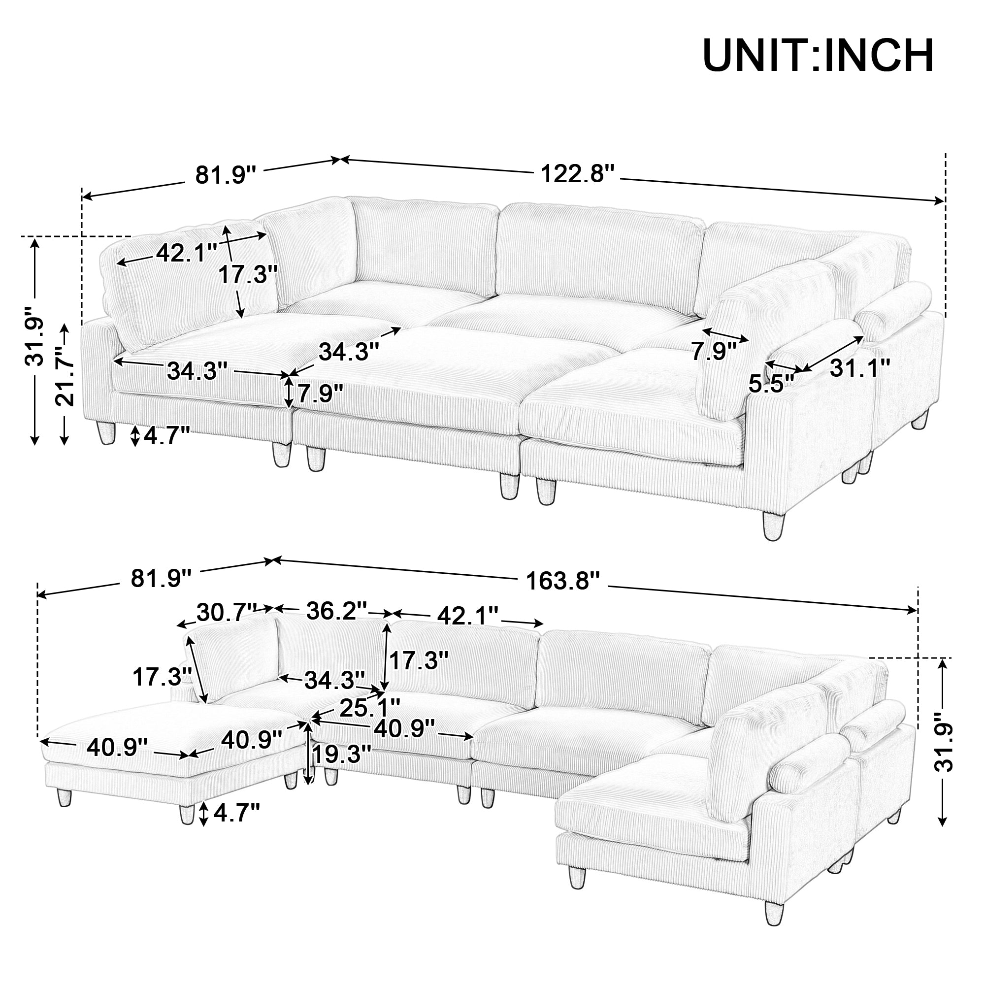 163''Modular Sectional Sofa,with Ottoman