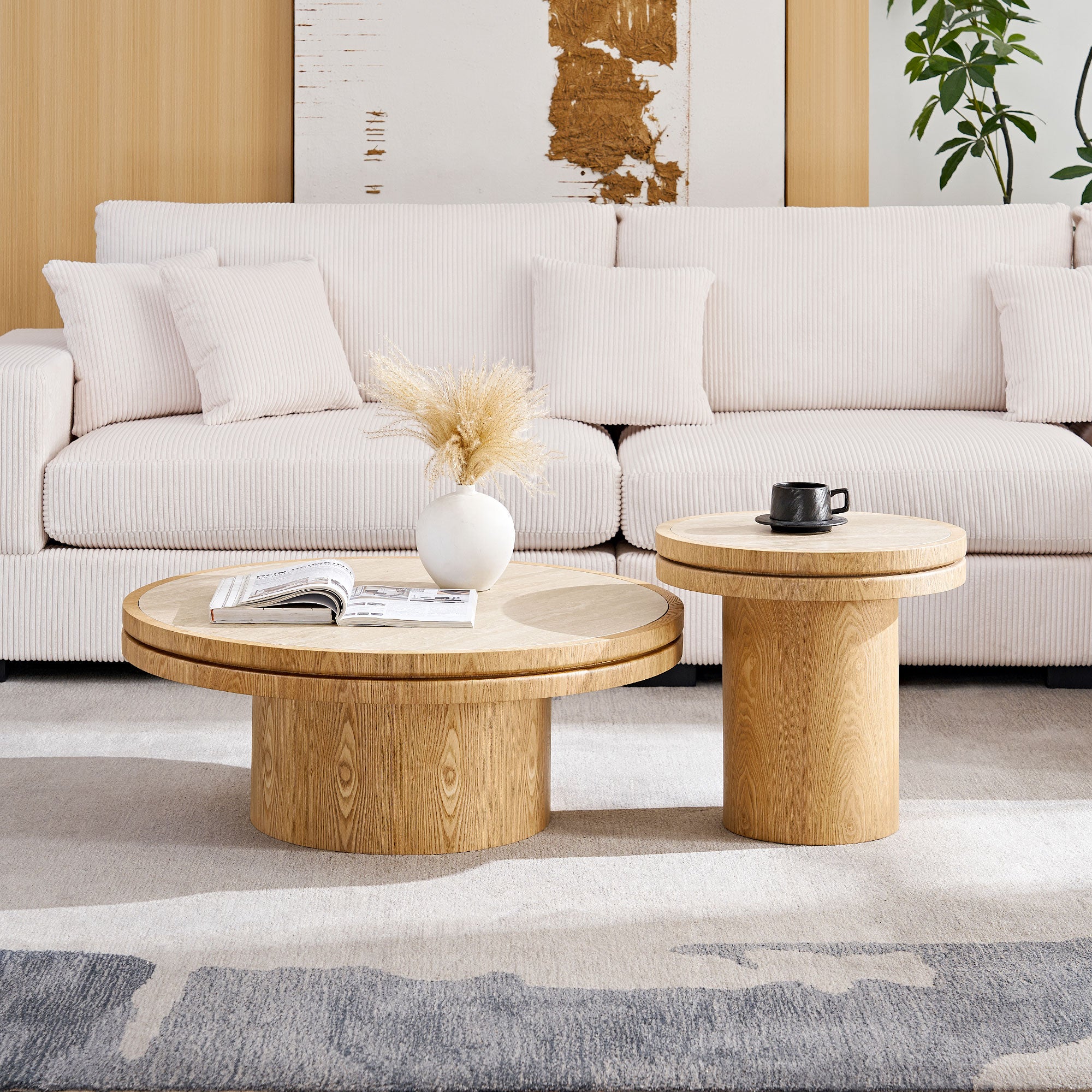 Sintered Stone Round Coffee Table Set of 2 | MDF Base – Natural/Walnut Finish – Modern Living Room Nesting Tables
