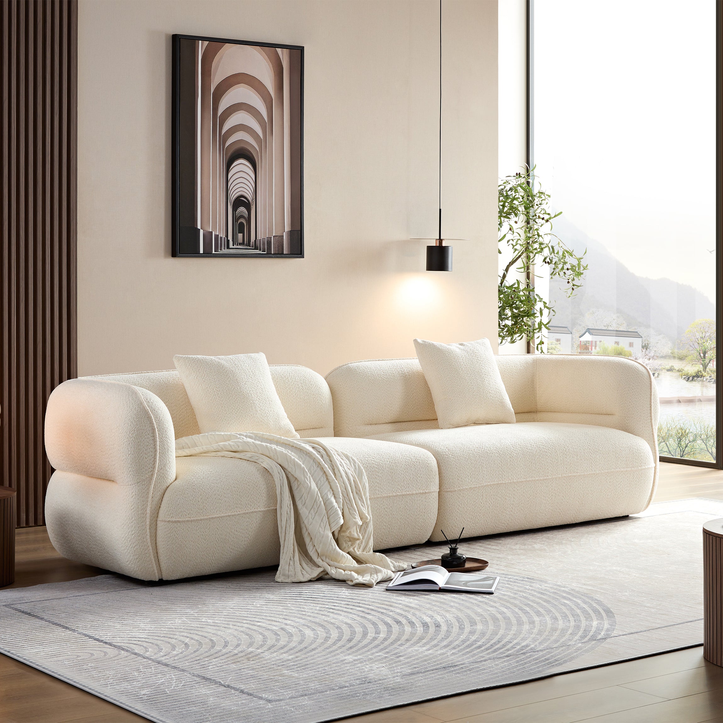 White Sectional Sofa: Durable Fabric, Solid Wood Frame - Ideal for Living Room