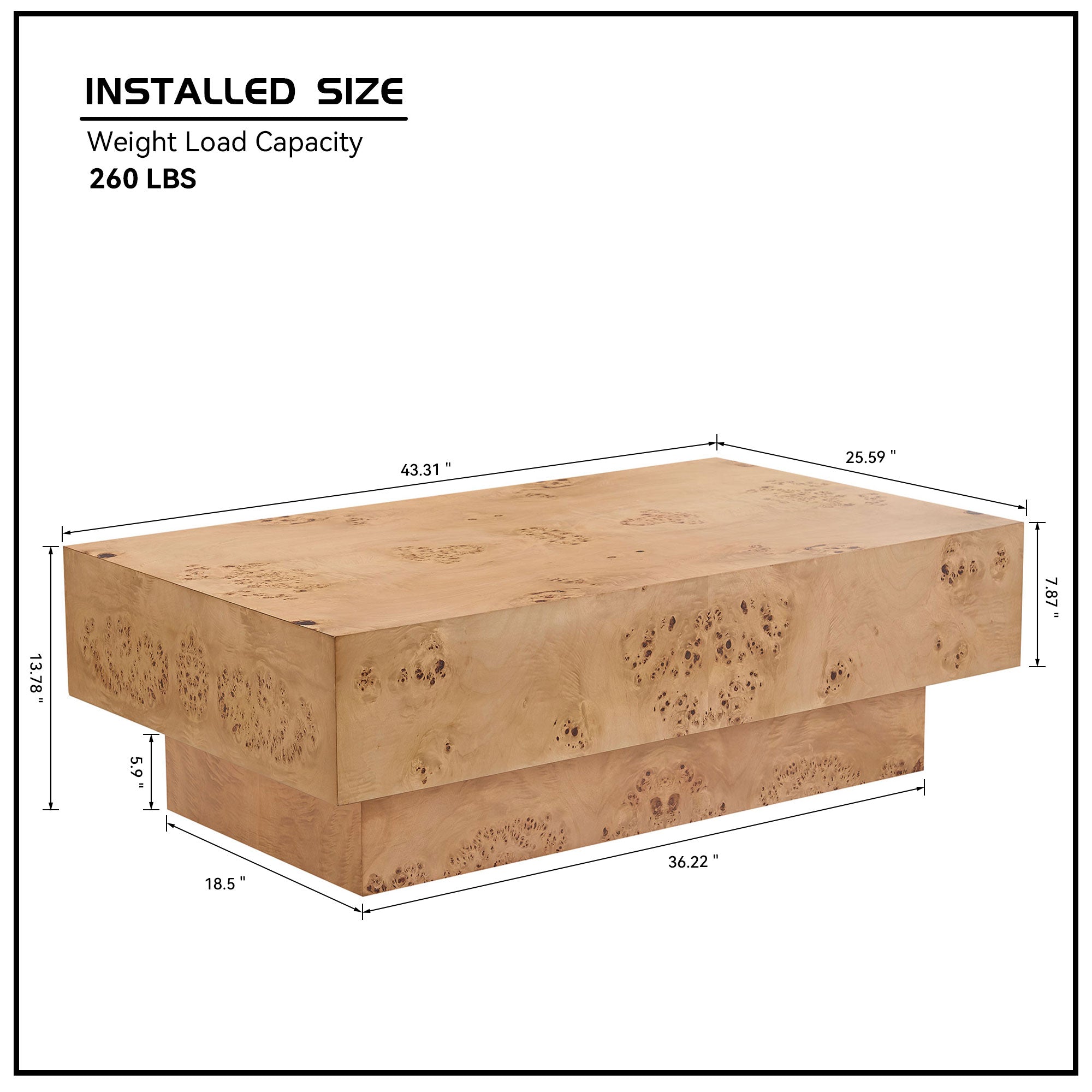 43.31 - Inch Rectangle Coffee Table in Mid - Century Style with Burl Wood Veneer