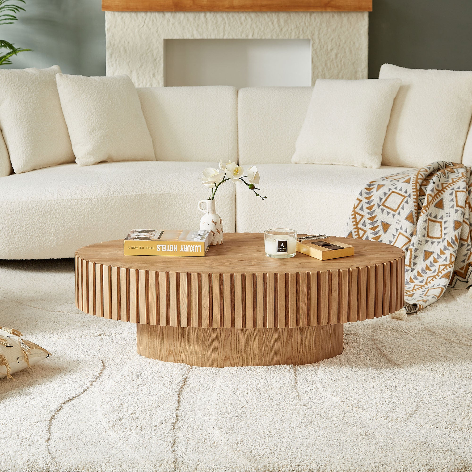 Modern Handcraft Drum Coffee Table | 43.7" Ellipse Coffee Table – Pedestal Base, Solid Wood Relief, Matt Black/Walnut/Natural Ash