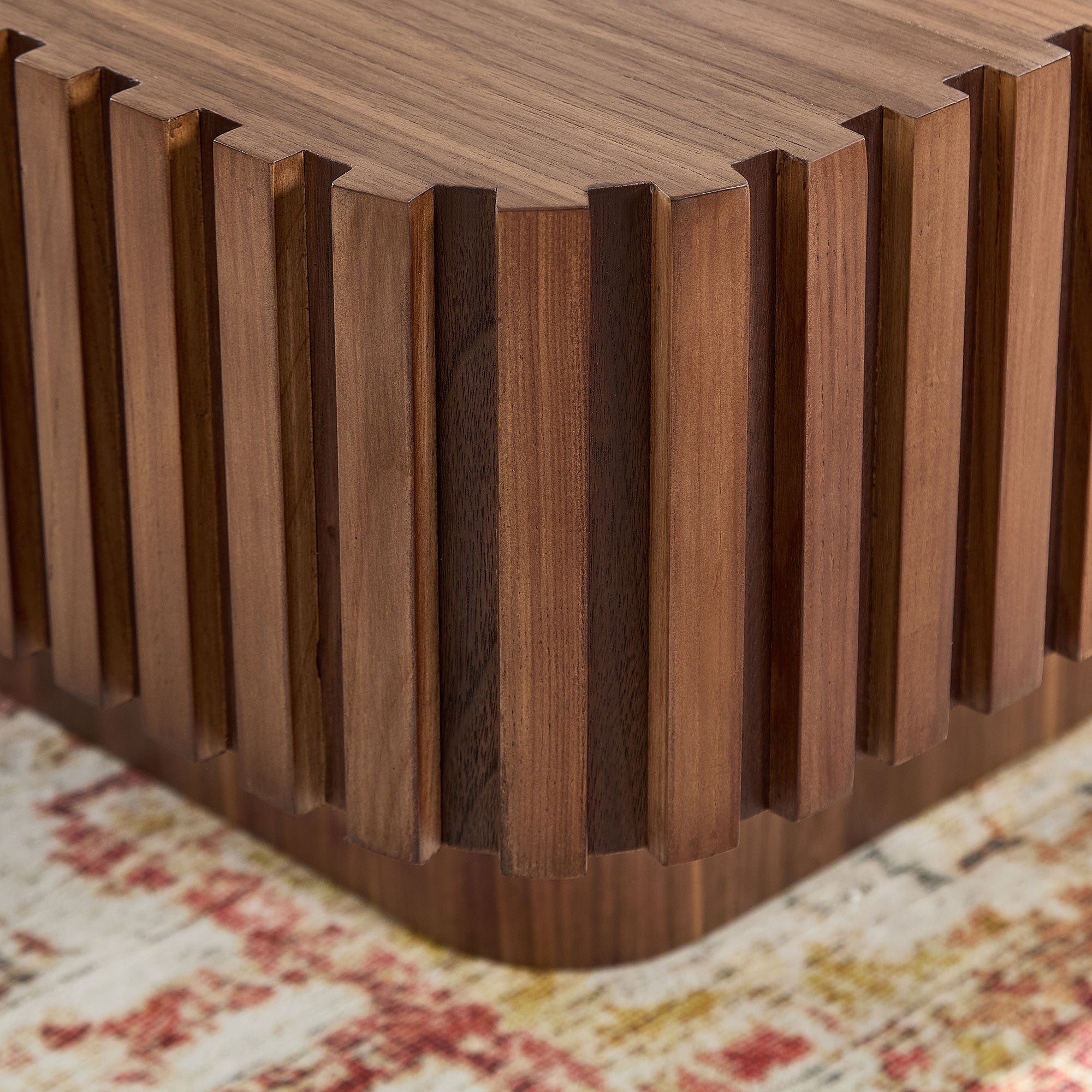 Modern Handcraft Drum Coffee Table | 35.43" Square Coffee Table – Wood Veneer, Pedestal Base, Solid Wood Relief Edge for Living Room