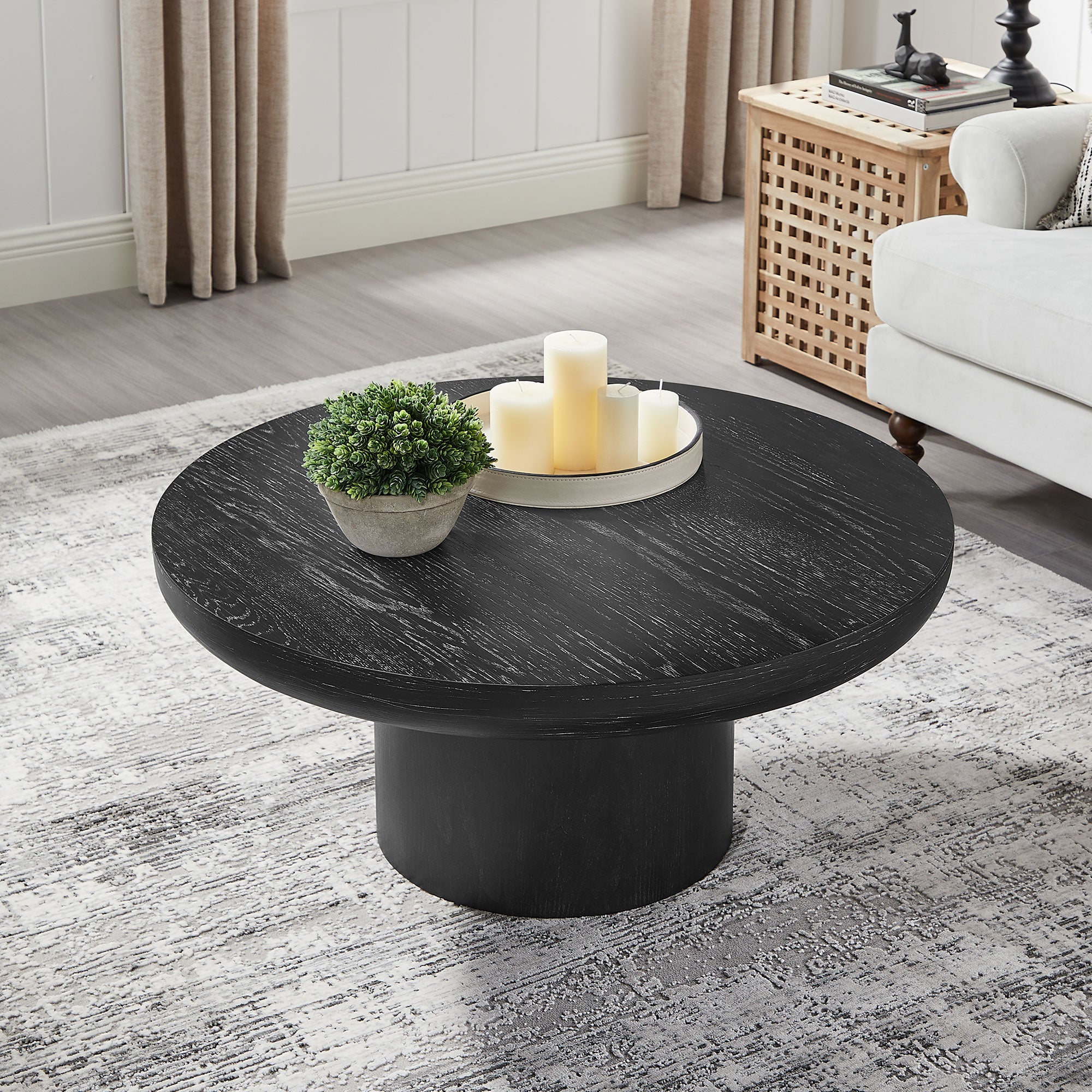35.98 - inch Round Coffee Table: Cylindrical Leg, Wood Veneer for Living & Office