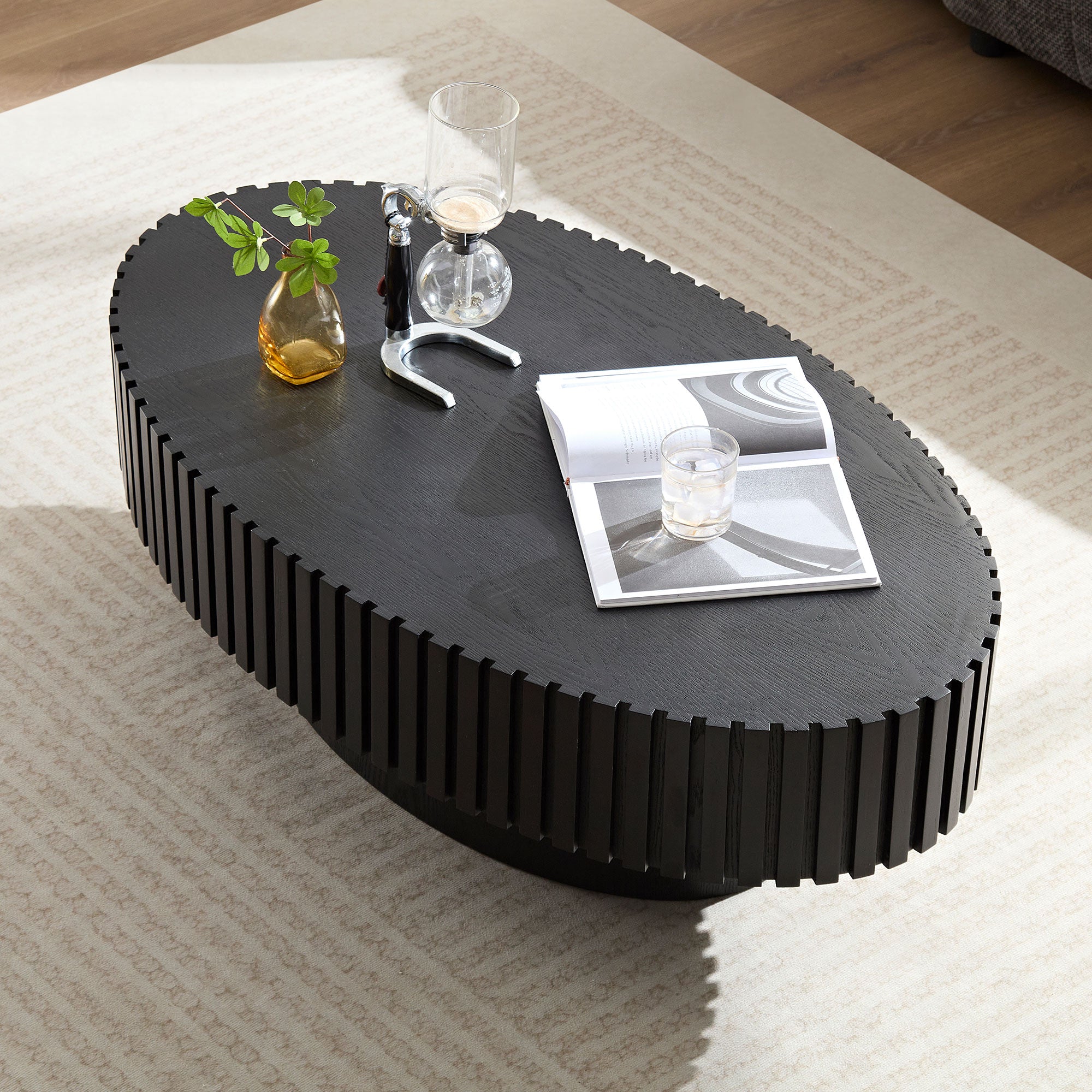 Modern Handcraft Drum Coffee Table | 43.7" Ellipse Coffee Table – Pedestal Base, Solid Wood Relief, Matt Black/Walnut/Natural Ash